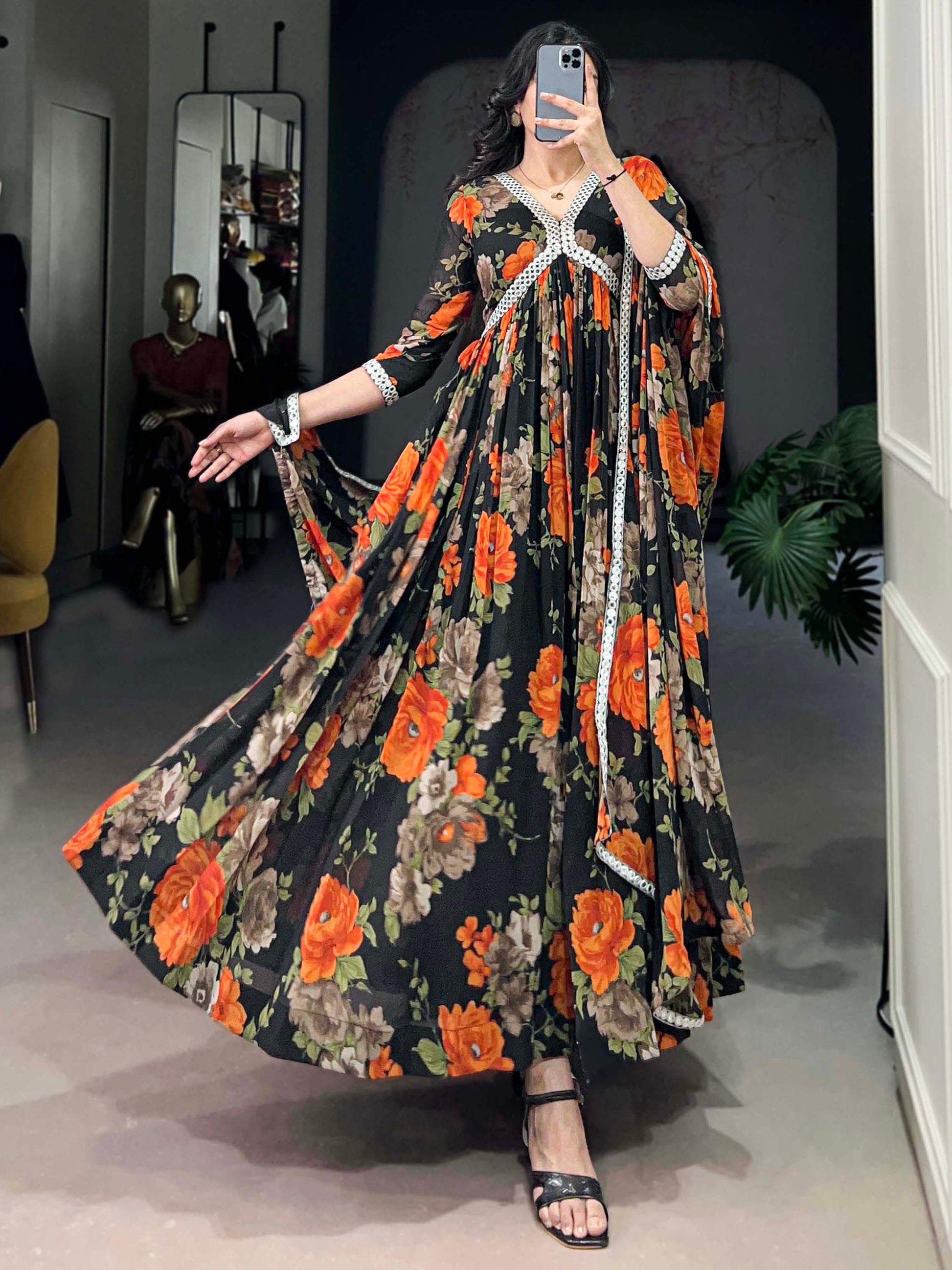 Lovely Black Floral Printed Georgette Casual Wear Gown With Dupatta - Zeel Clothing