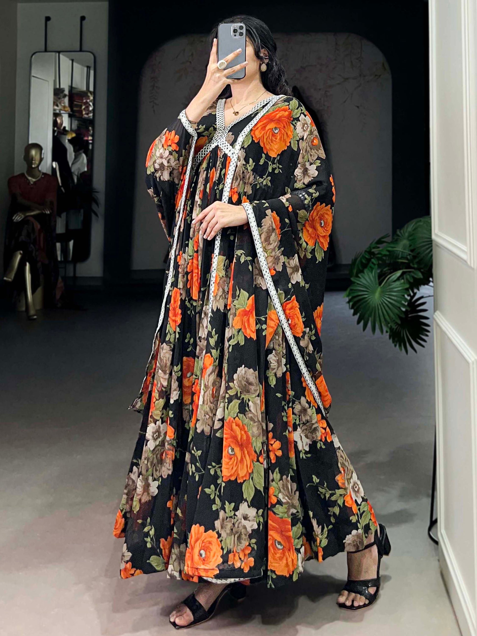 Lovely Black Floral Printed Georgette Casual Wear Gown With Dupatta - Zeel Clothing