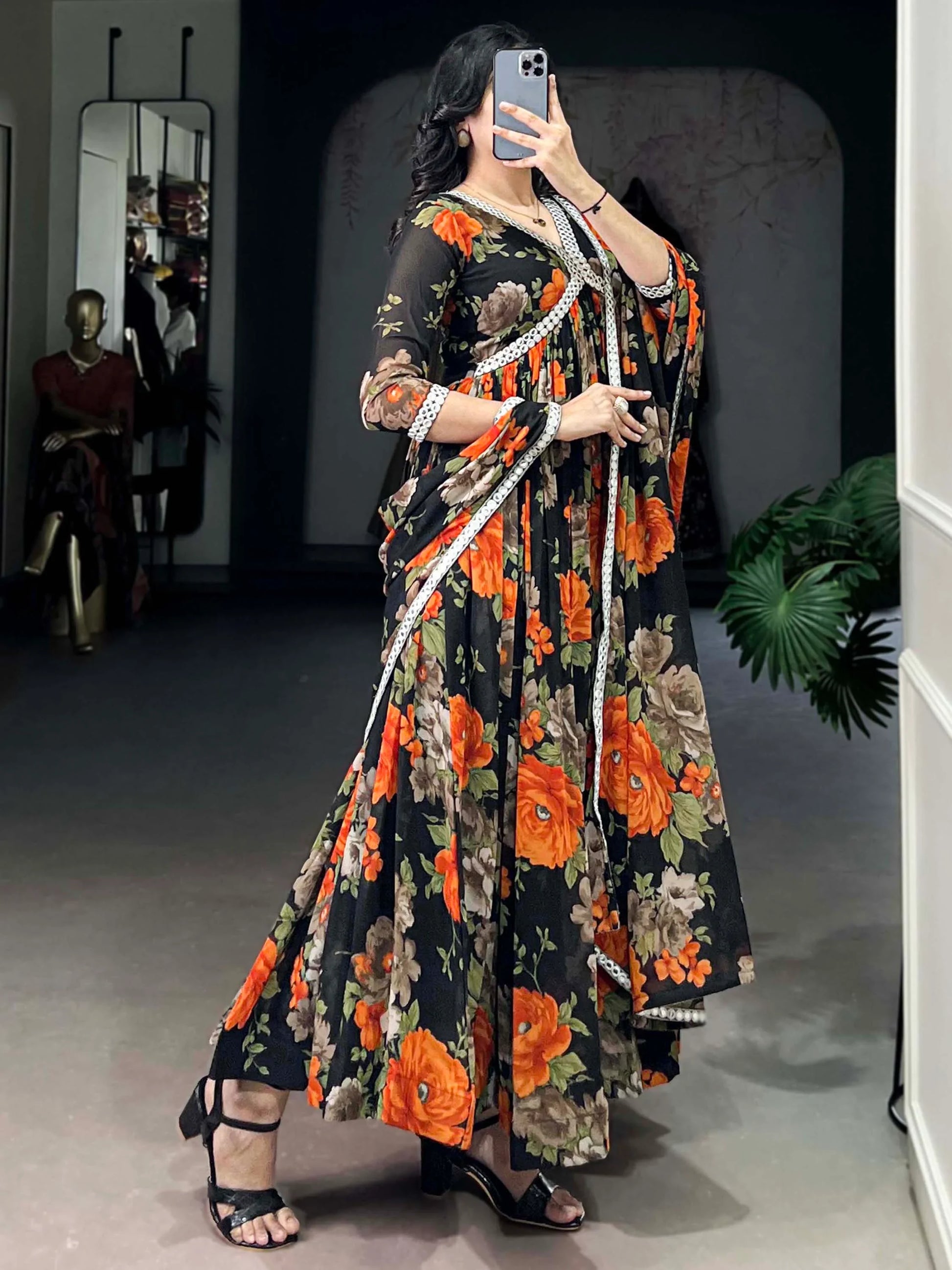 Lovely Black Floral Printed Georgette Casual Wear Gown With Dupatta - Zeel Clothing