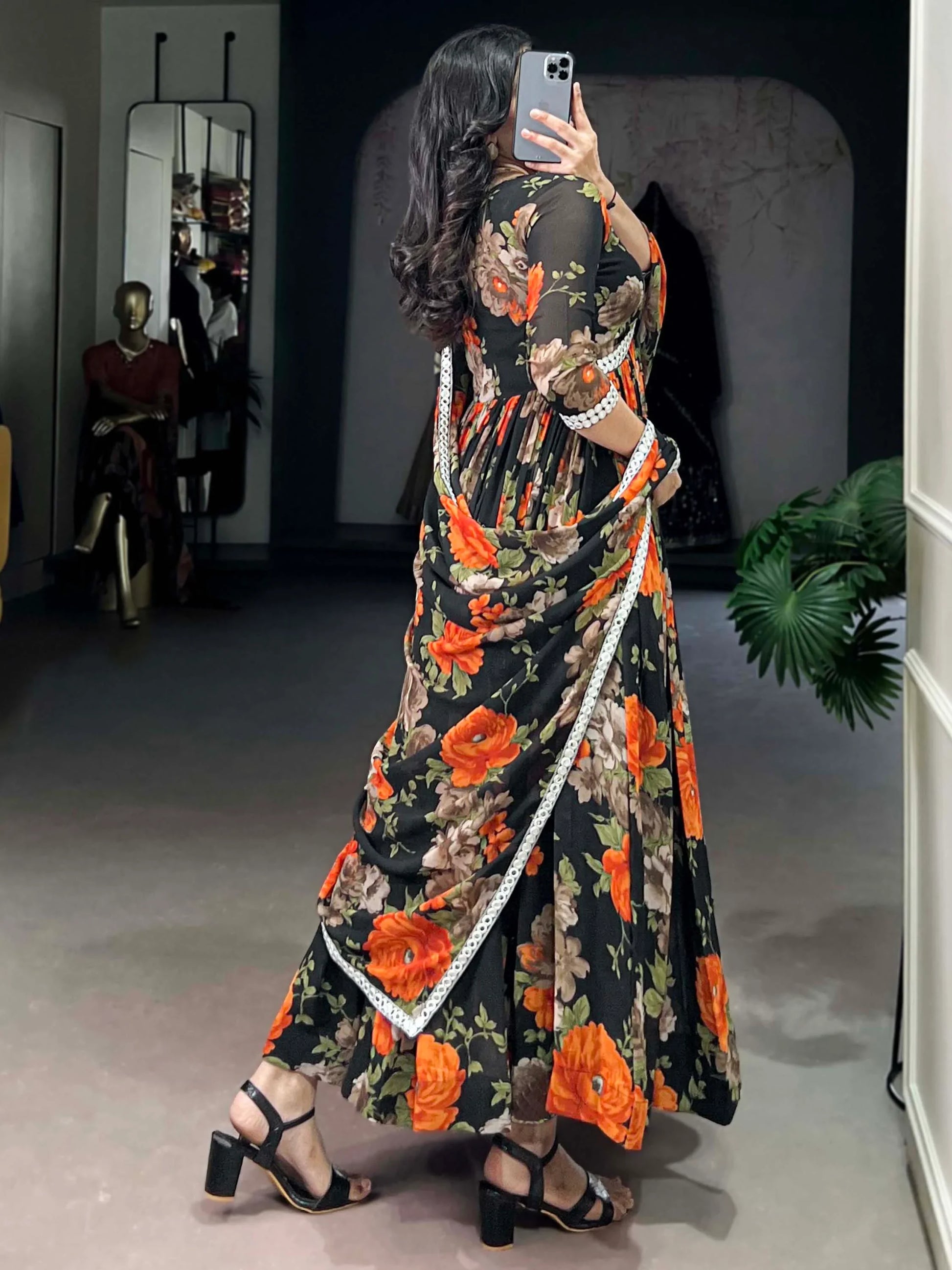 Lovely Black Floral Printed Georgette Casual Wear Gown With Dupatta - Zeel Clothing