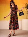 Lovely Black Floral Printed Silk Casual Wear Dress