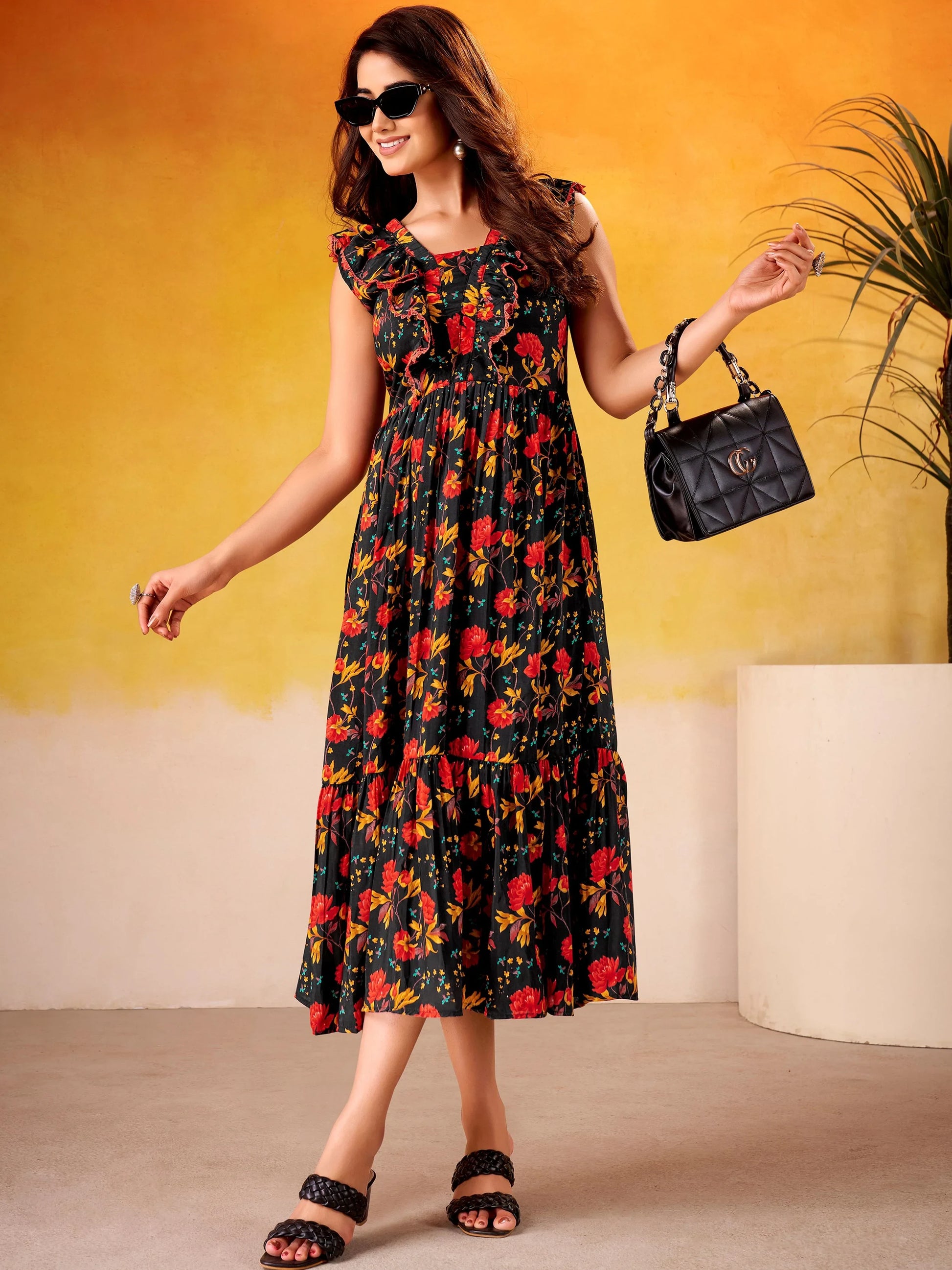 Lovely Black Floral Printed Silk Casual Wear Dress