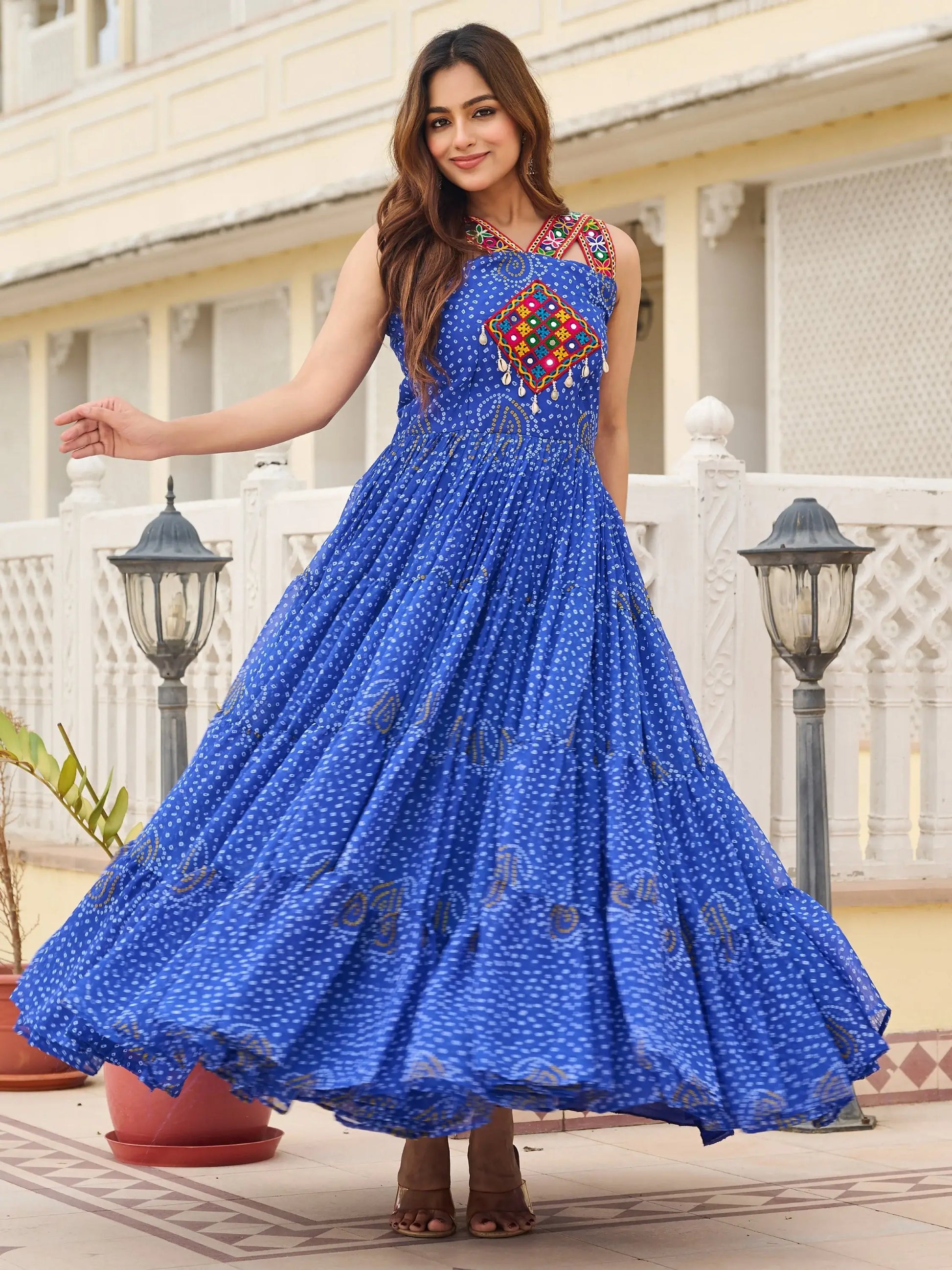 Lovely Blue Bandhani Print Georgette Navratri Special Gown - Zeel Clothing