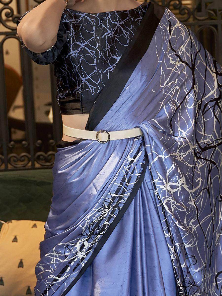 Lovely Blue Printed Satin Silk Event Wear Saree With Blouse - Zeel Clothing