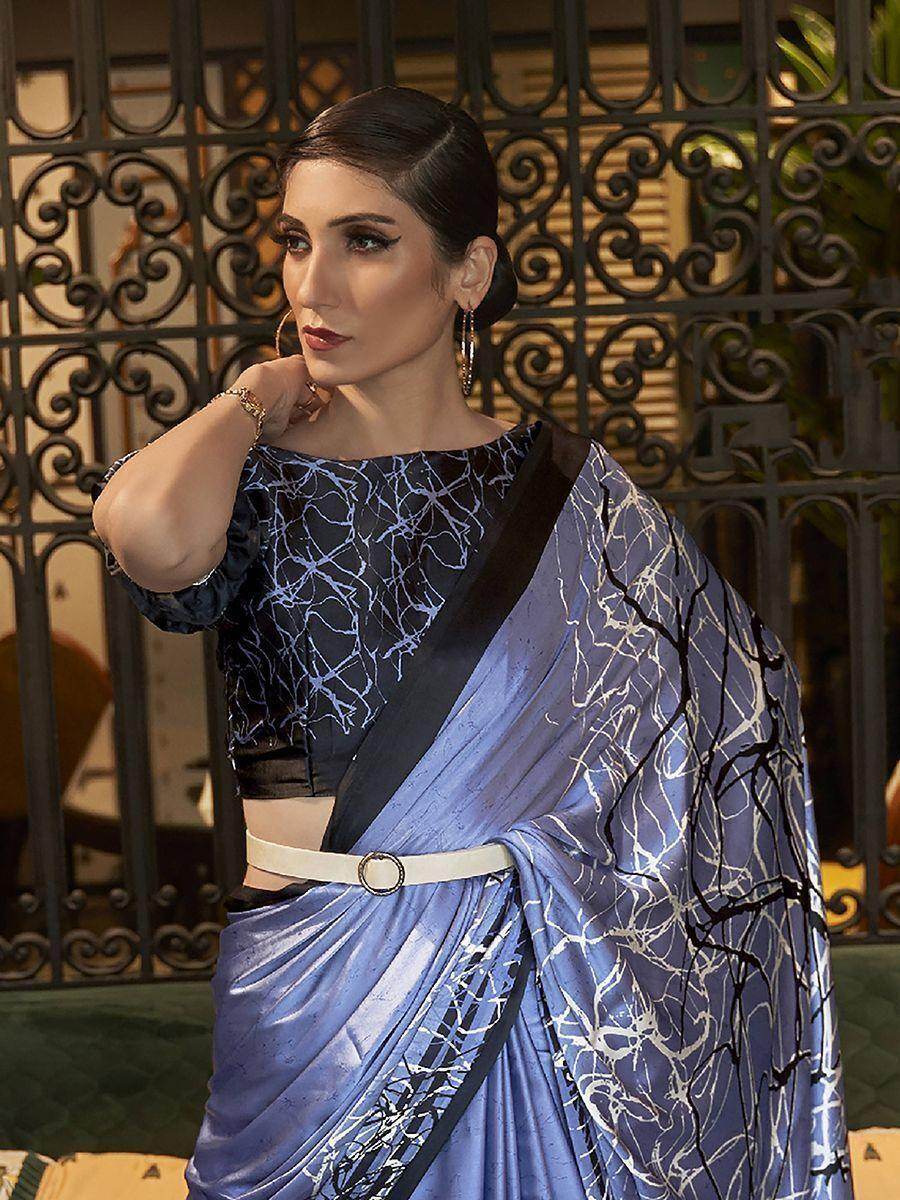 Lovely Blue Printed Satin Silk Event Wear Saree With Blouse - Zeel Clothing