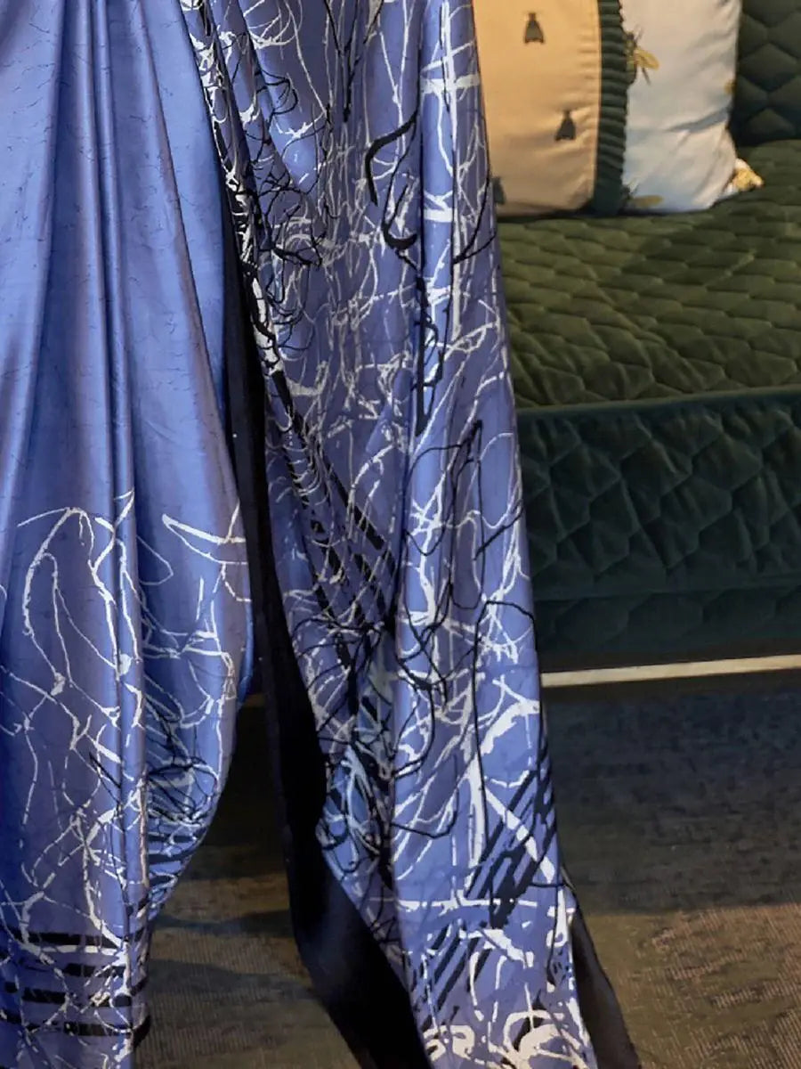 Lovely Blue Printed Satin Silk Event Wear Saree With Blouse - Zeel Clothing