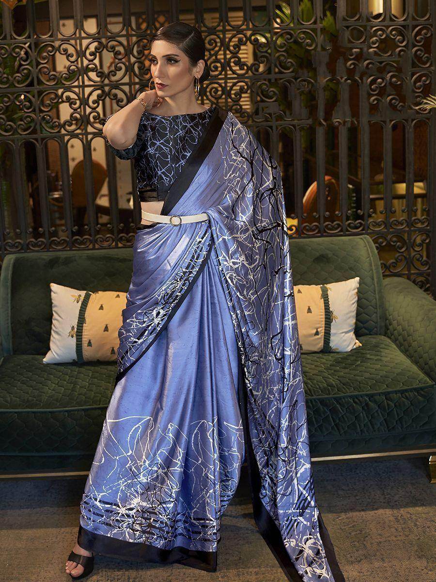 Lovely Blue Printed Satin Silk Event Wear Saree With Blouse - Zeel Clothing