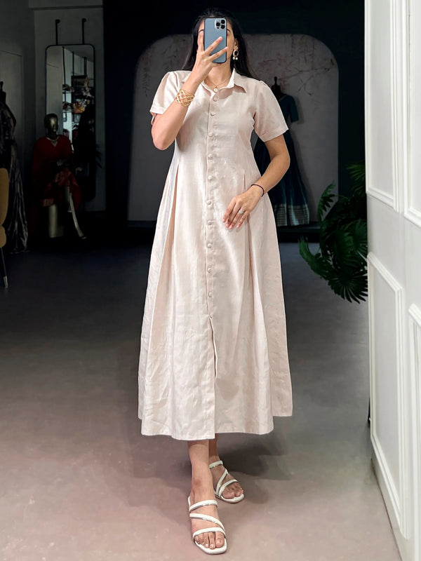 Lovely Cream Plain Crushed Casual Outings Wear Frock