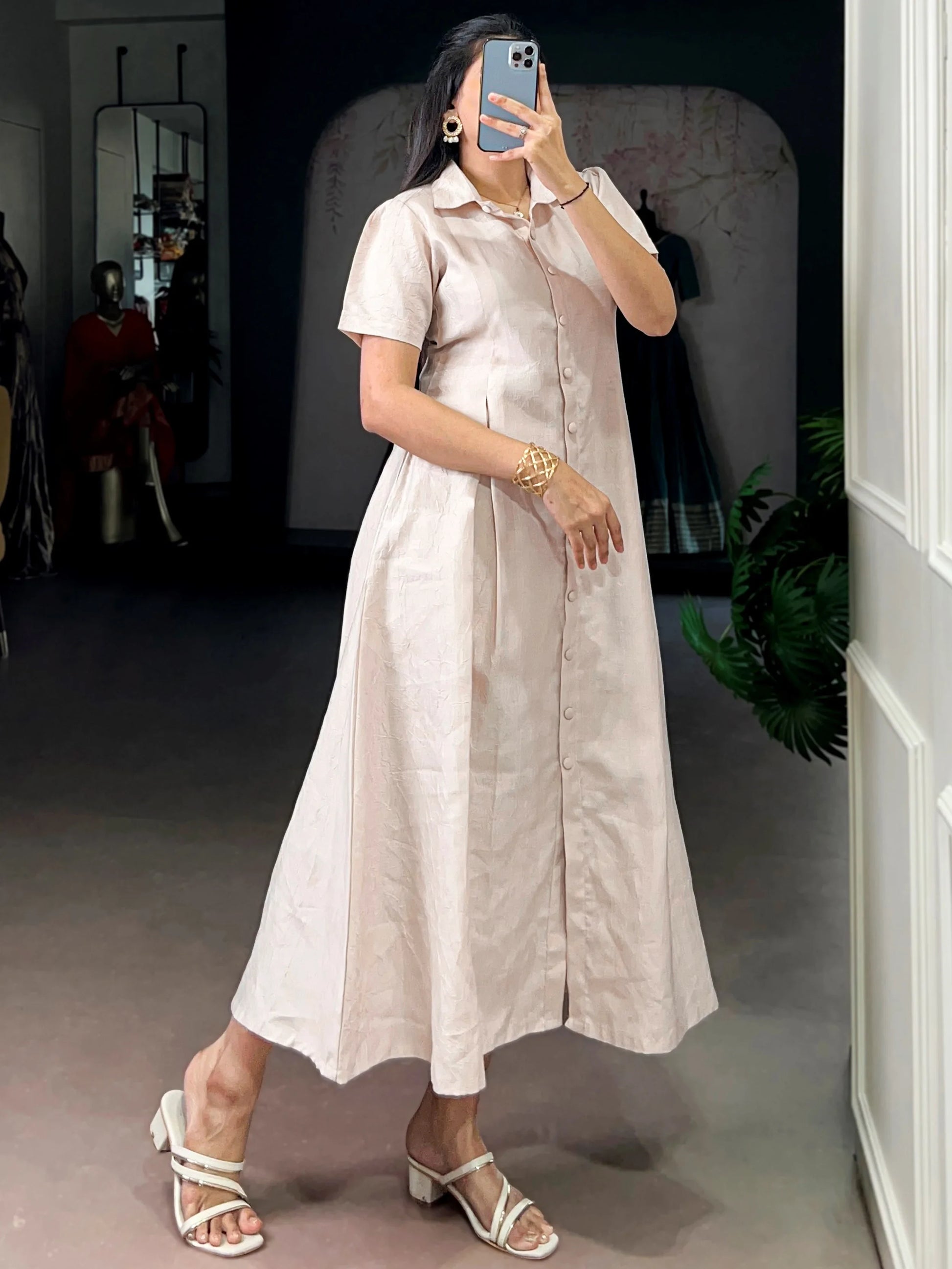Lovely Cream Plain Crushed Casual Outings Wear Frock