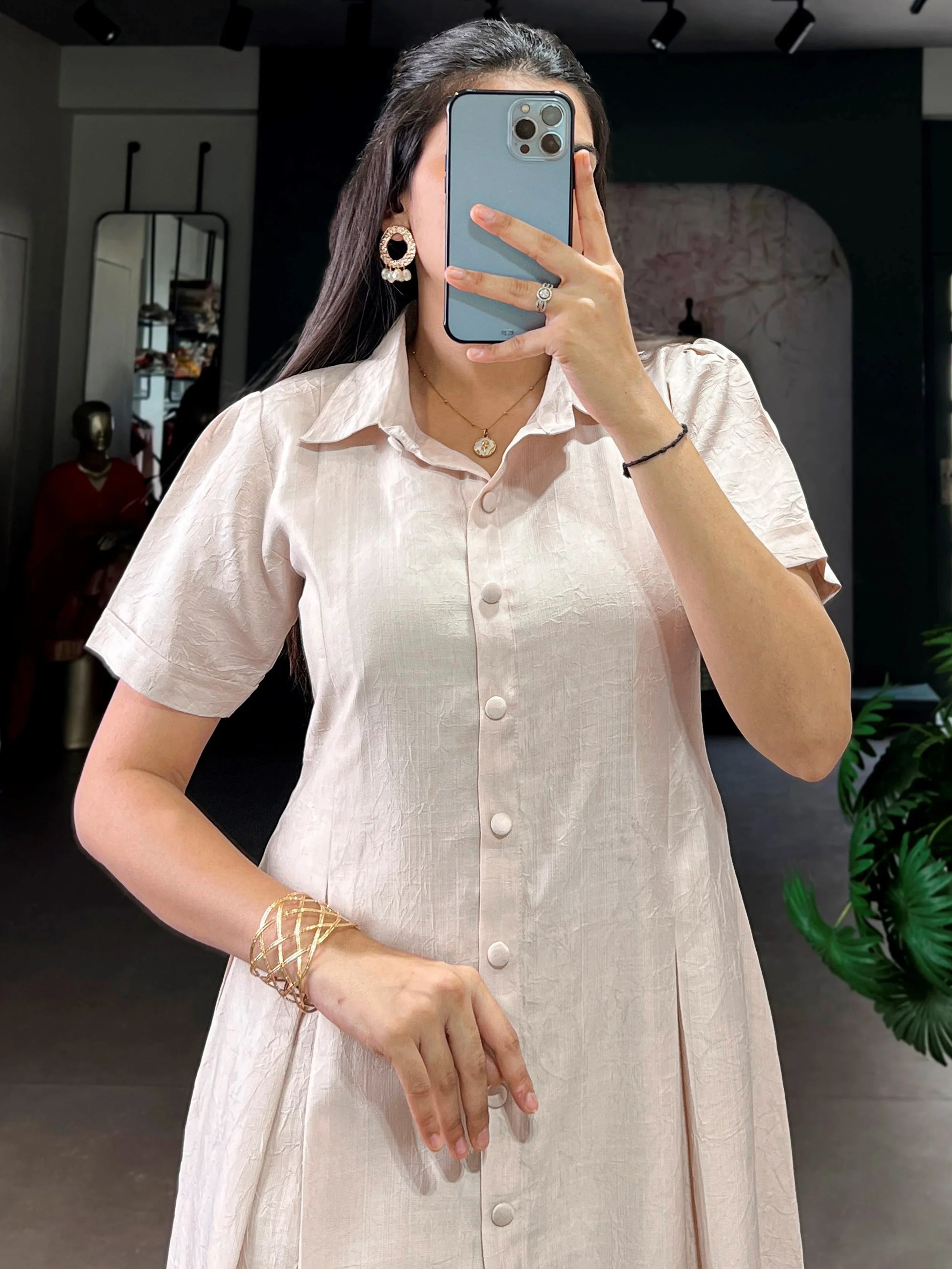 Lovely Cream Plain Crushed Casual Outings Wear Frock