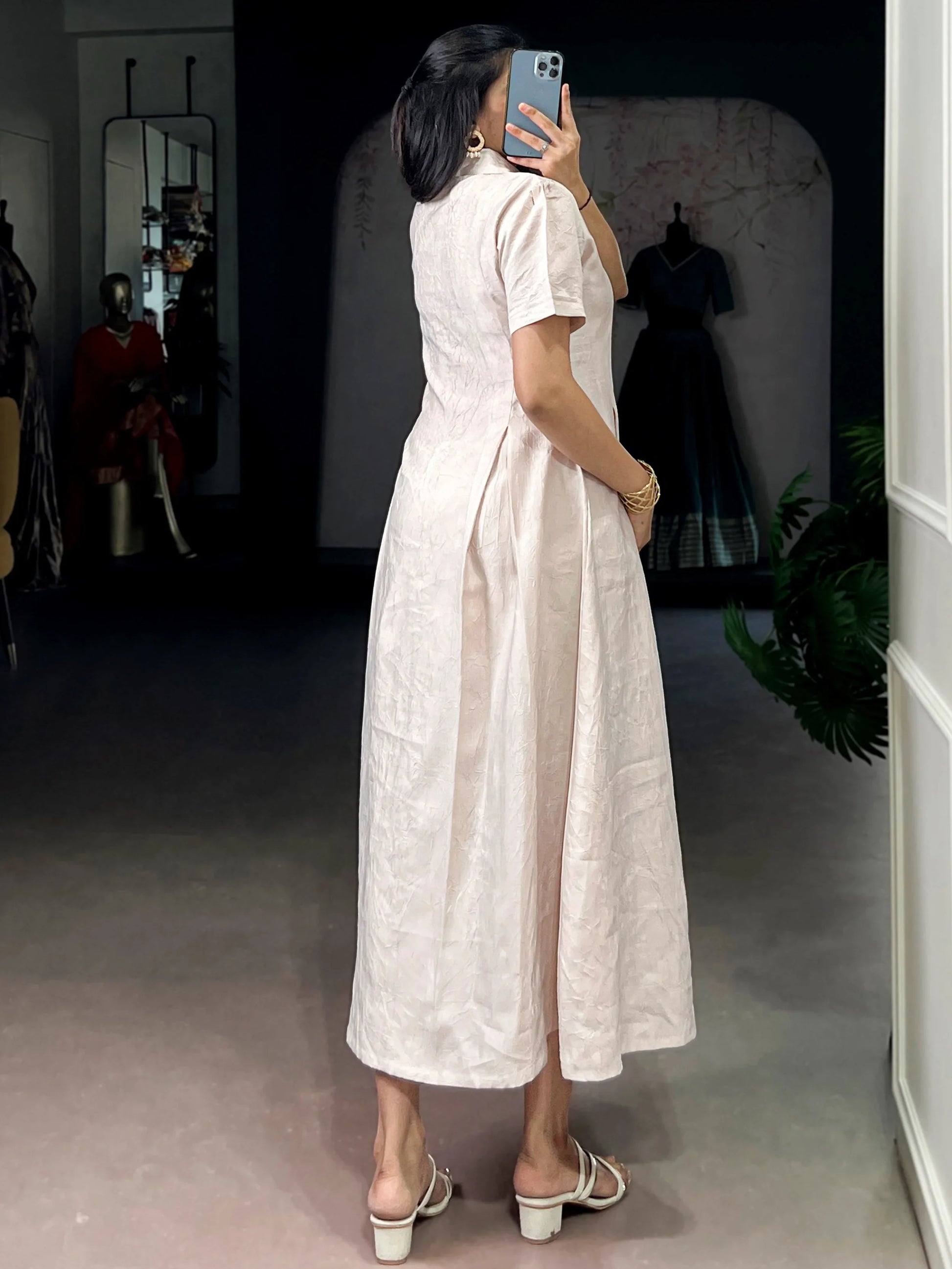 Lovely Cream Plain Crushed Casual Outings Wear Frock