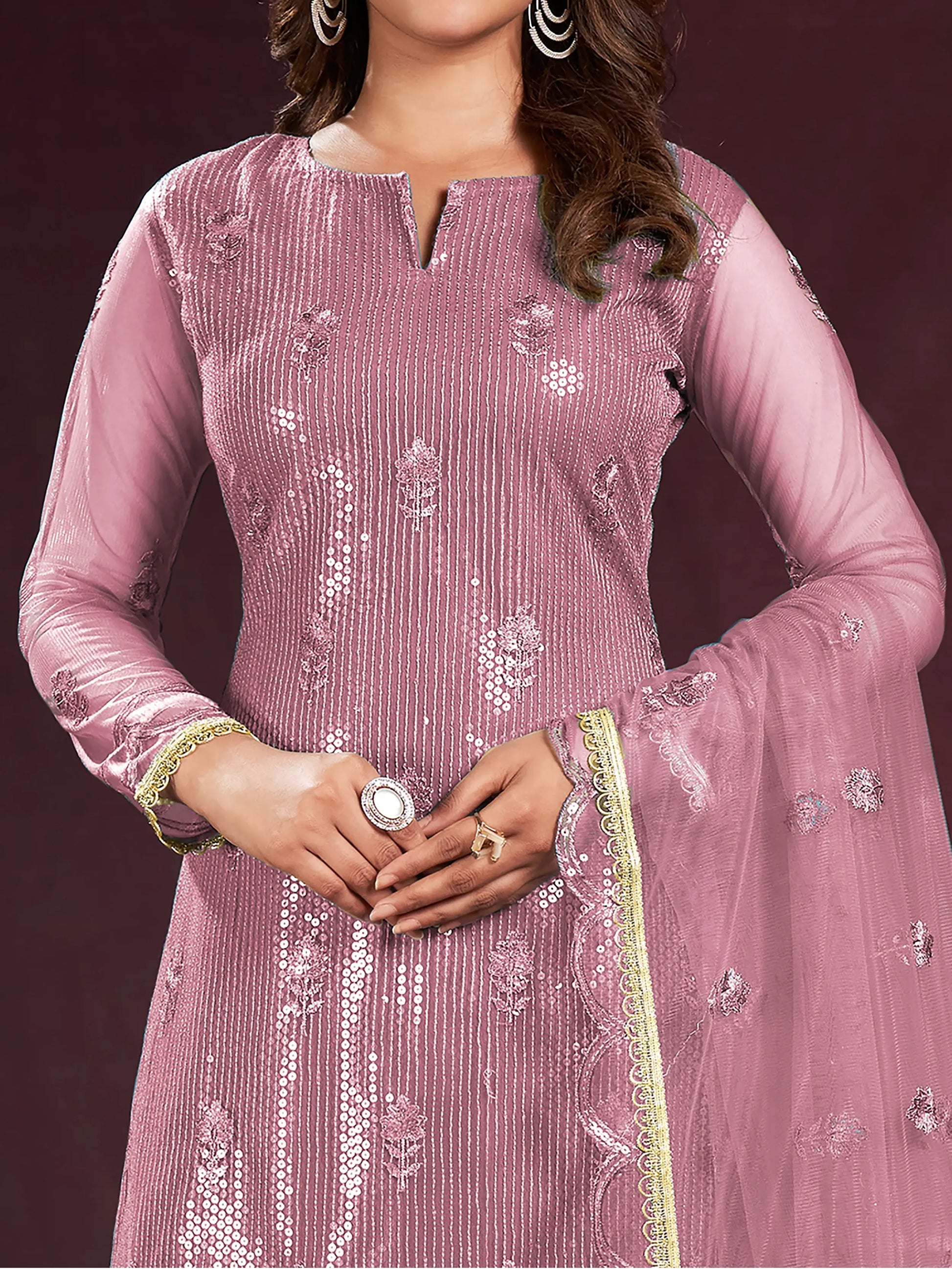 Lovely Dusty Pink Sequins Net Party Wear Salwar kameez With Dupatta - Zeel Clothing