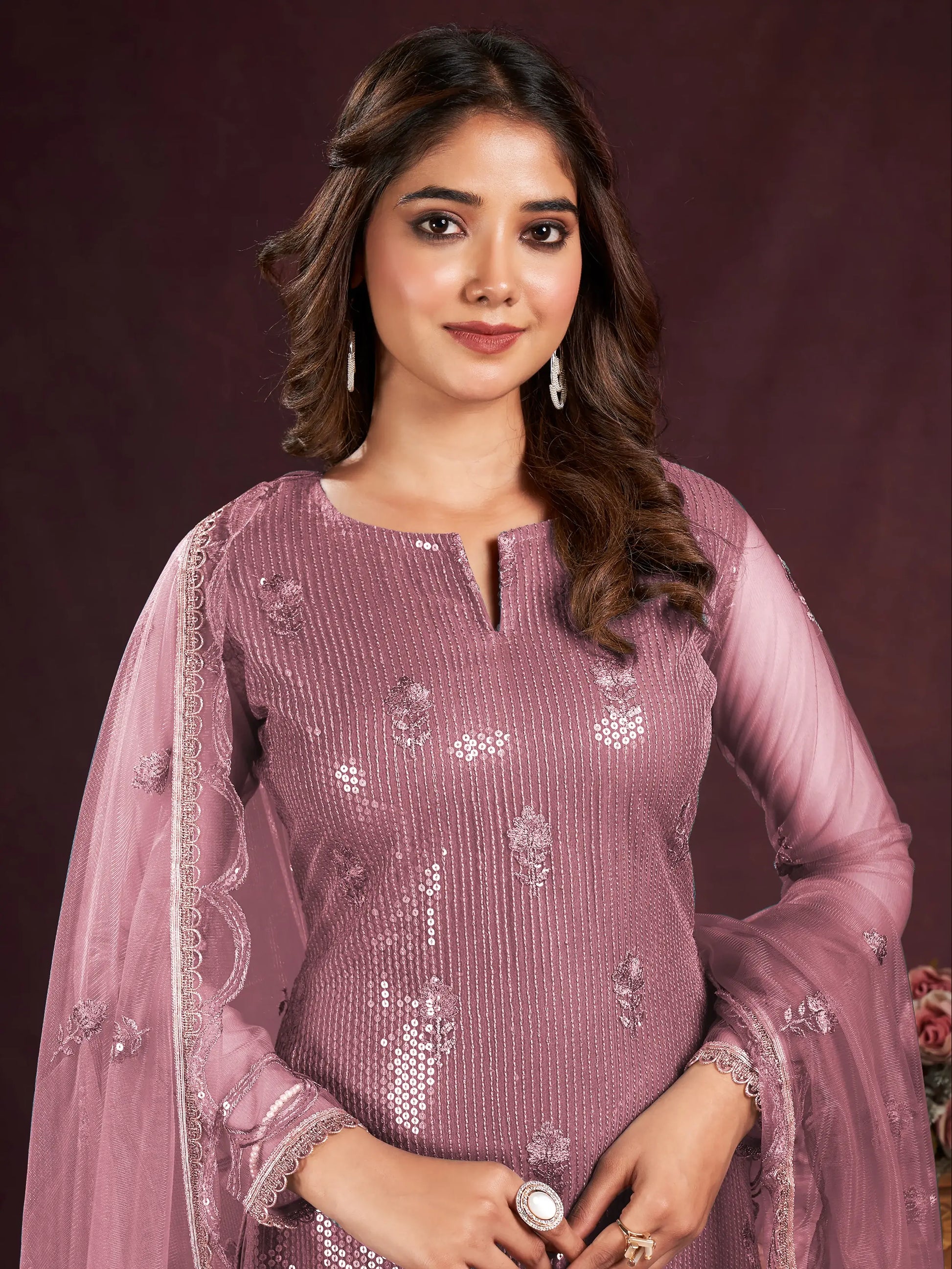 Lovely Dusty Pink Sequins Net Party Wear Salwar kameez With Dupatta - Zeel Clothing