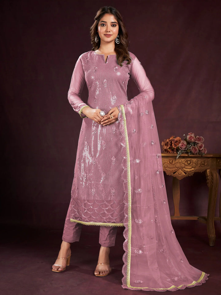 Lovely Dusty Pink Sequins Net Party Wear Salwar kameez With Dupatta - Zeel Clothing
