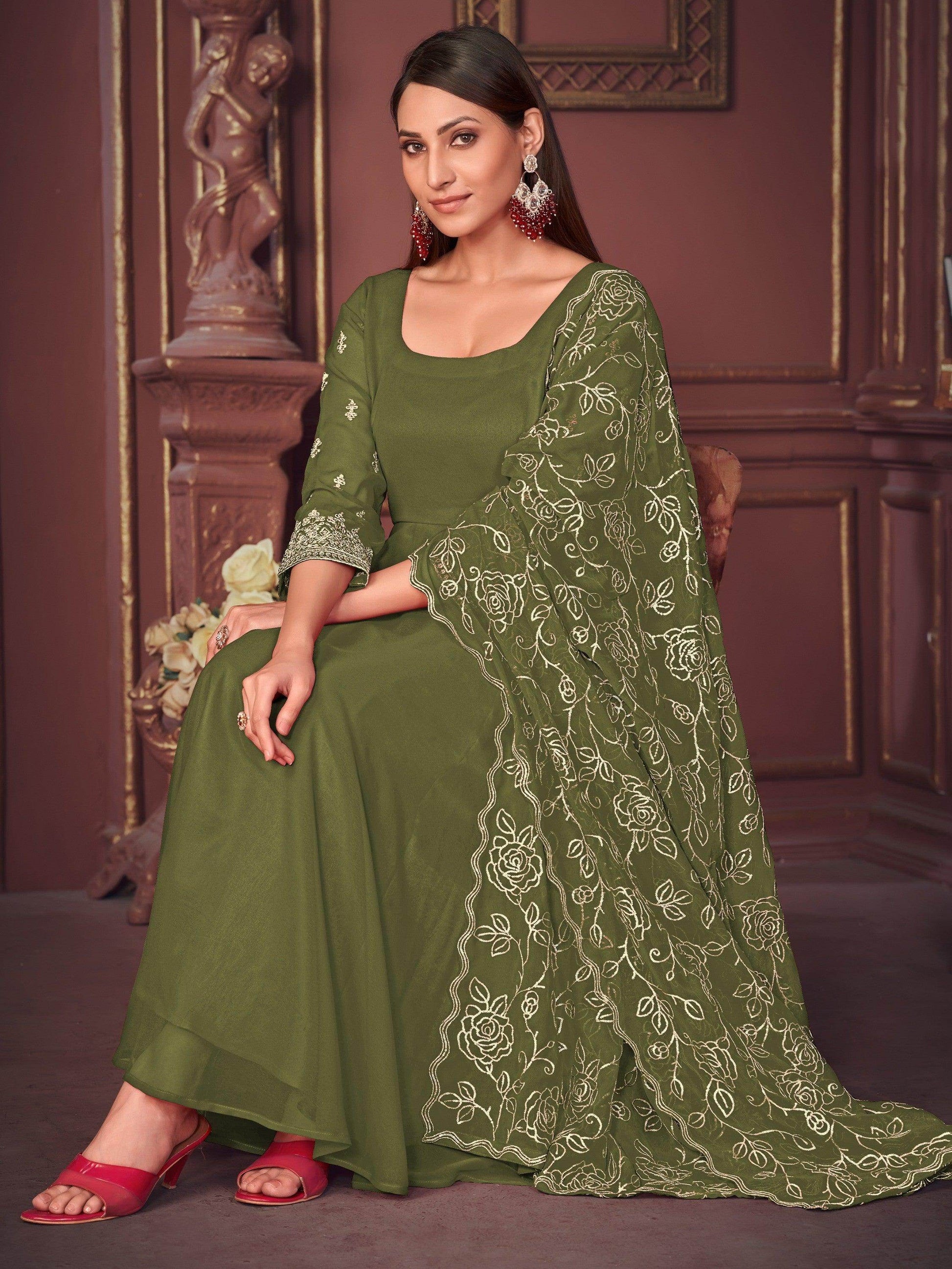 Lovely Green Embroidered Georgette Anarkali Suit With Dupatta - Zeel Clothing