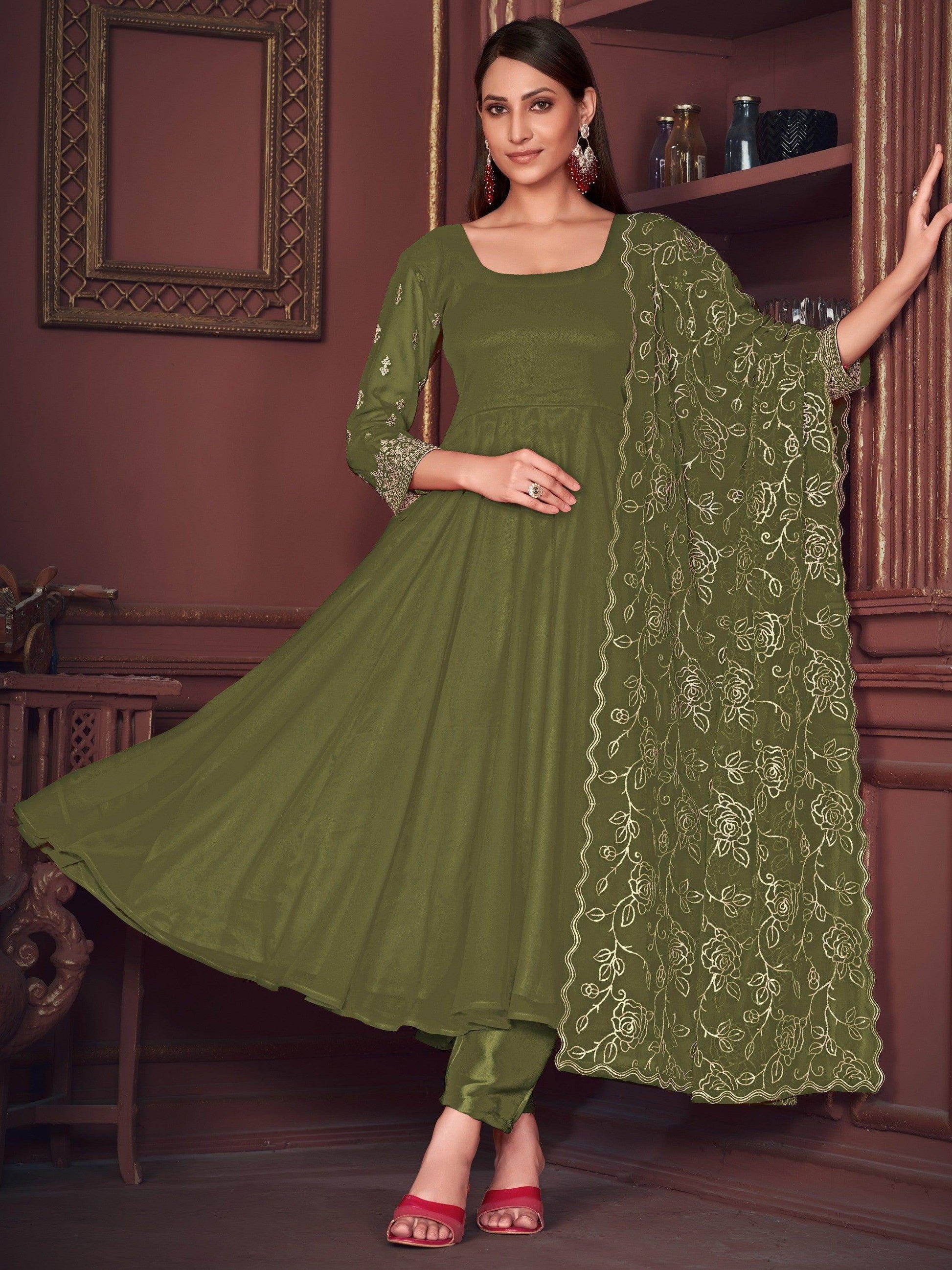 Lovely Green Embroidered Georgette Anarkali Suit With Dupatta - Zeel Clothing