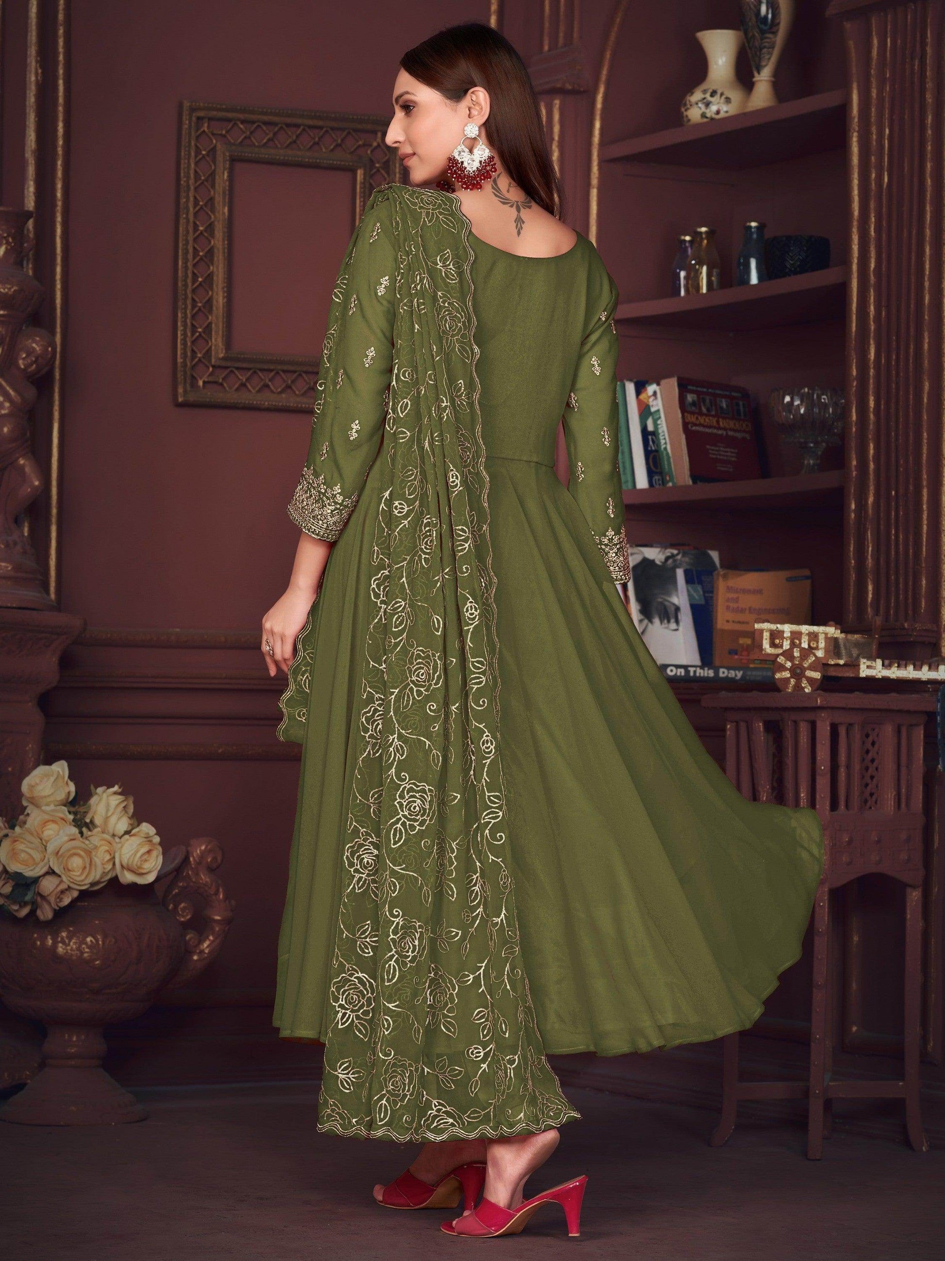 Lovely Green Embroidered Georgette Anarkali Suit With Dupatta - Zeel Clothing