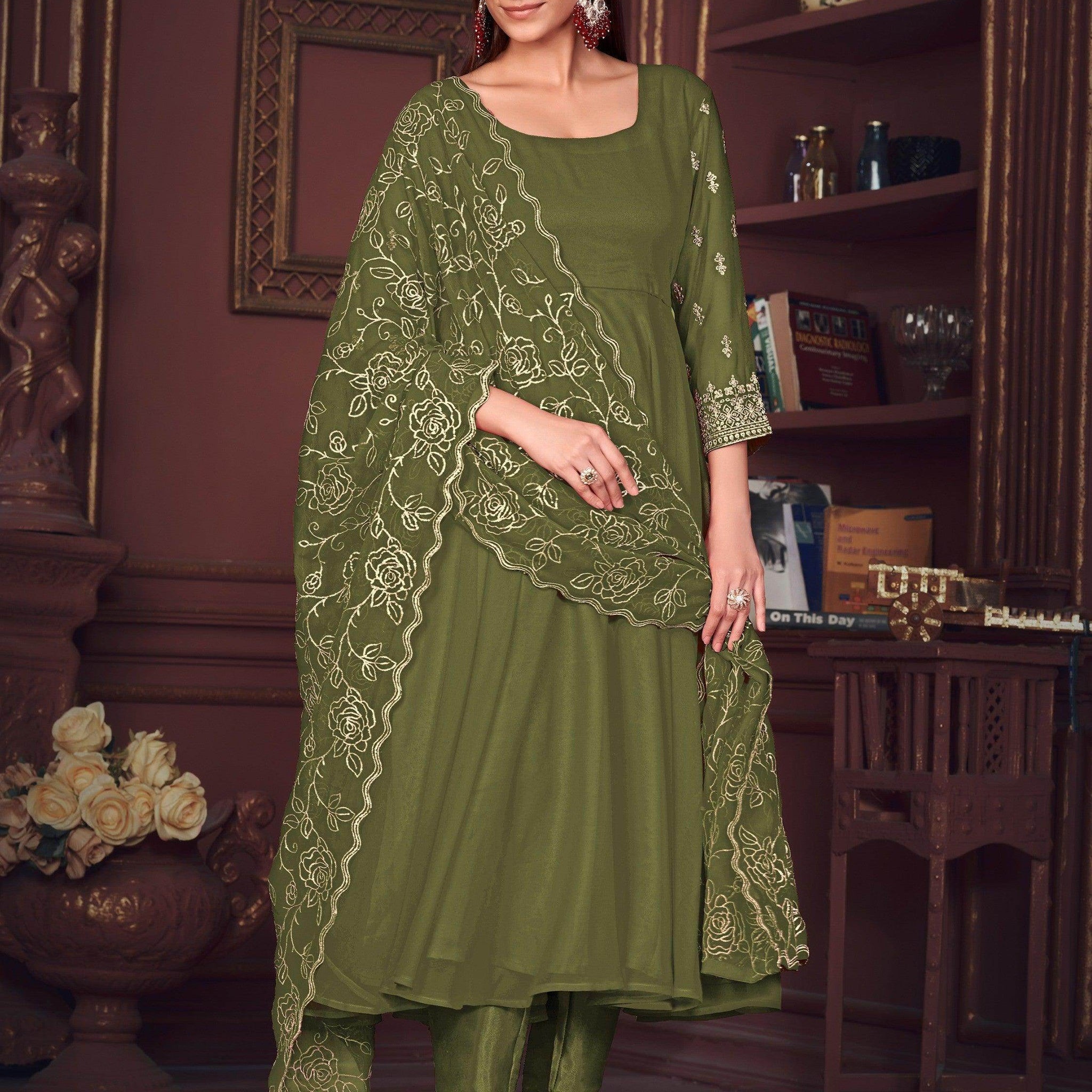 Lovely Green Embroidered Georgette Anarkali Suit With Dupatta - Zeel Clothing