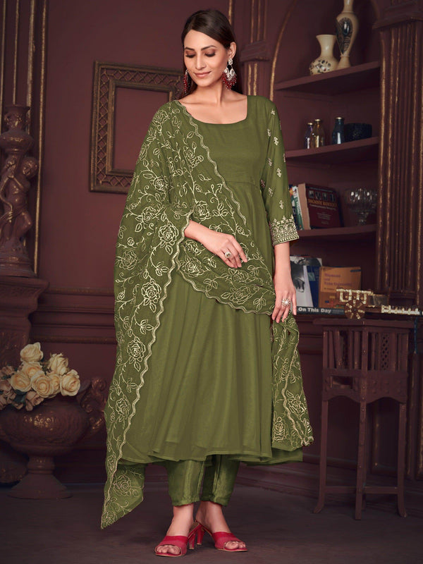 Lovely Green Embroidered Georgette Anarkali Suit With Dupatta - Zeel Clothing