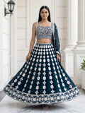 Lovely Green Thread Embroidered Georgette Mehendi Wear Lehenga Choli