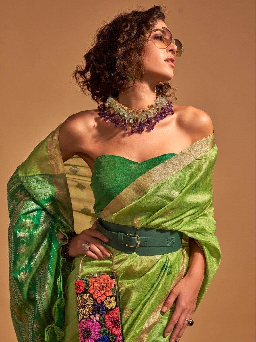 Lovely Green Zari Weaving Silk Mehendi Wear Saree With Blouse - Zeel Clothing