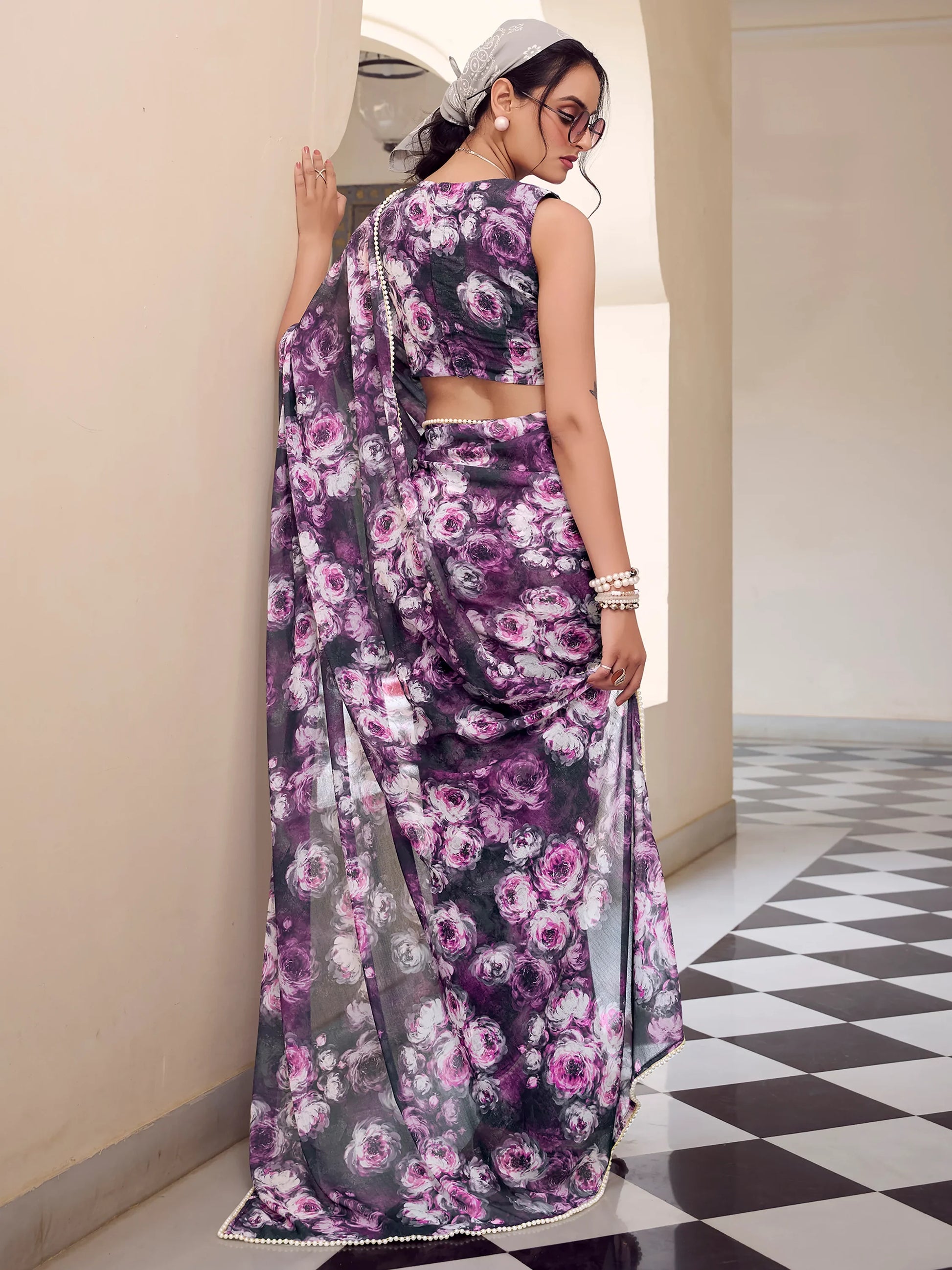 Lovely Grey Floral Printed Georgette Office Wear Saree With Blouse - Zeel Clothing