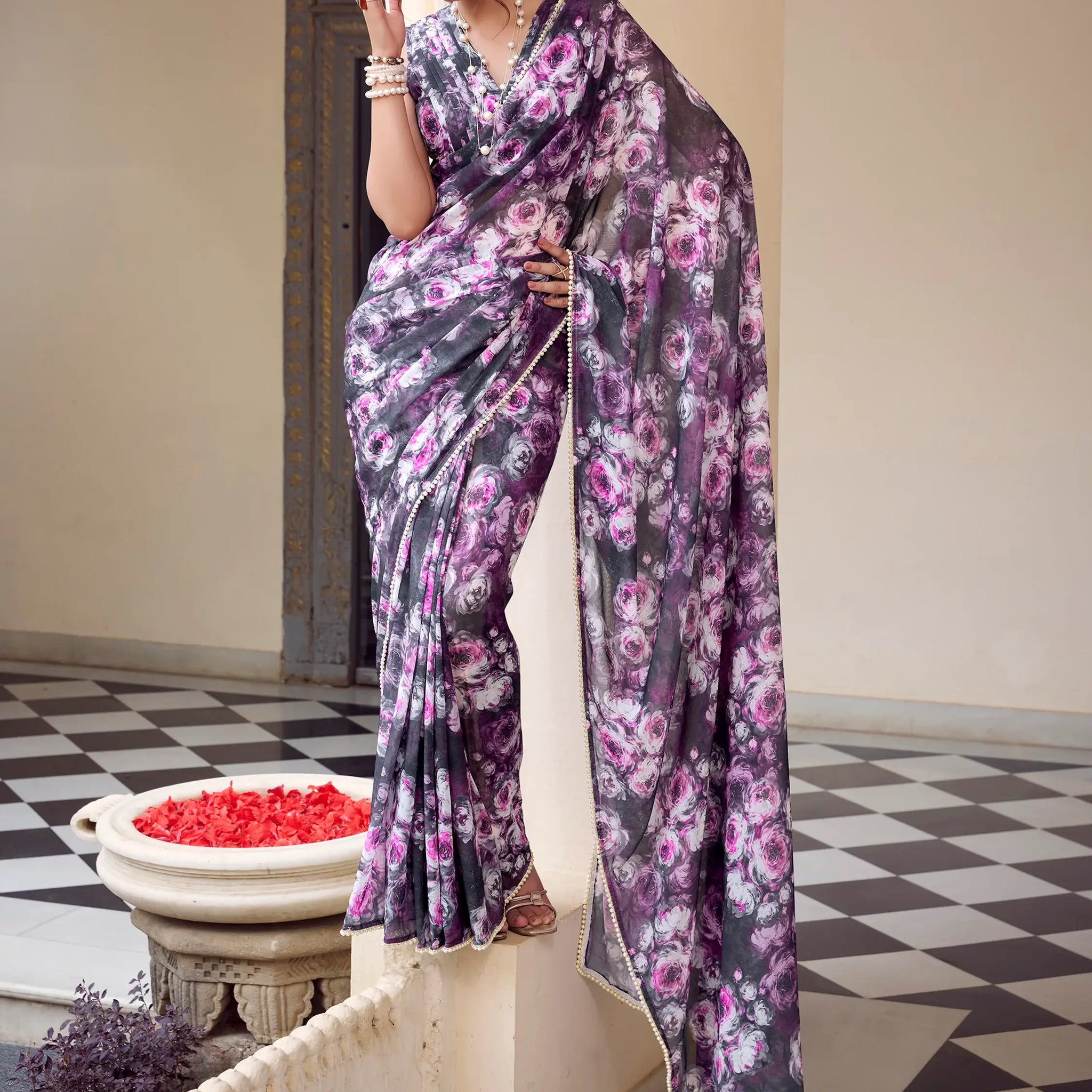 Lovely Grey Floral Printed Georgette Office Wear Saree With Blouse - Zeel Clothing