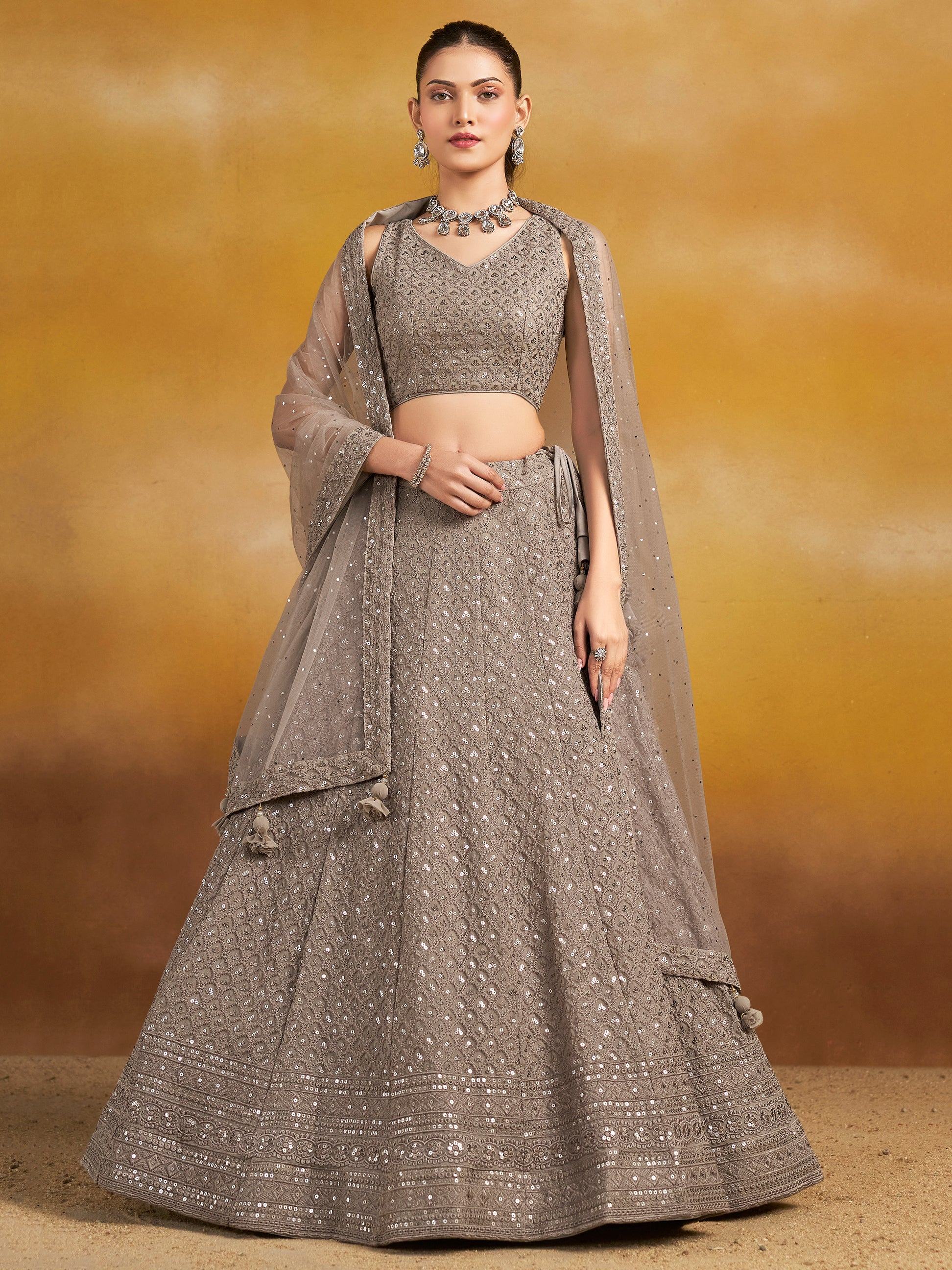 Lovely Grey Thread Embroidered Georgette Lehenga Choli With Dupatta - Zeel Clothing