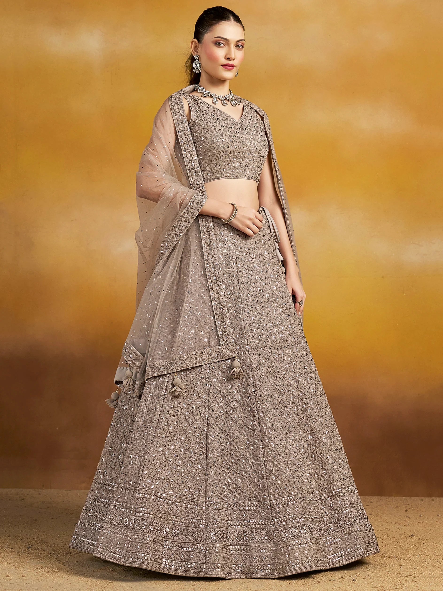 Lovely Grey Thread Embroidered Georgette Lehenga Choli With Dupatta - Zeel Clothing