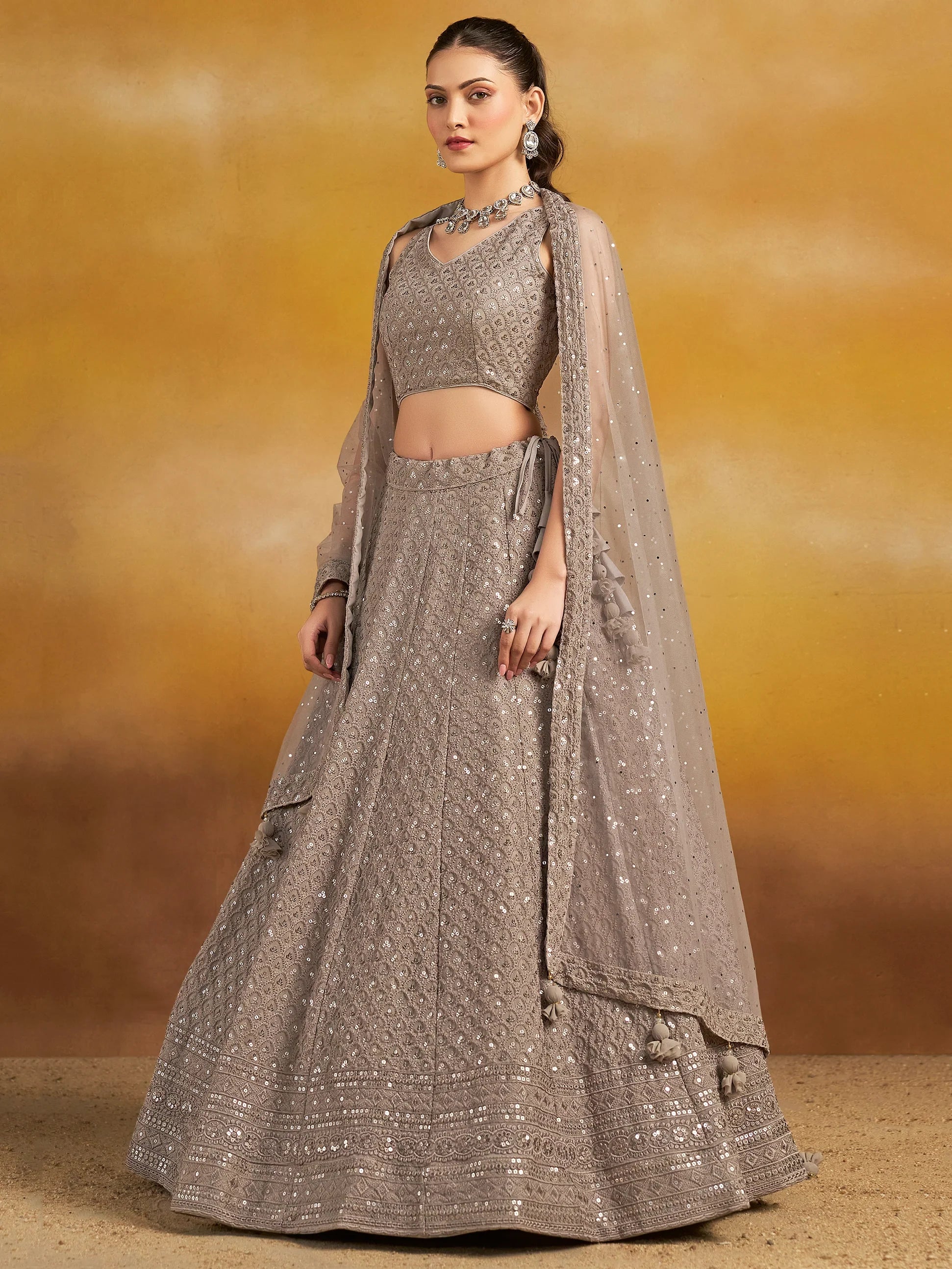 Lovely Grey Thread Embroidered Georgette Lehenga Choli With Dupatta - Zeel Clothing