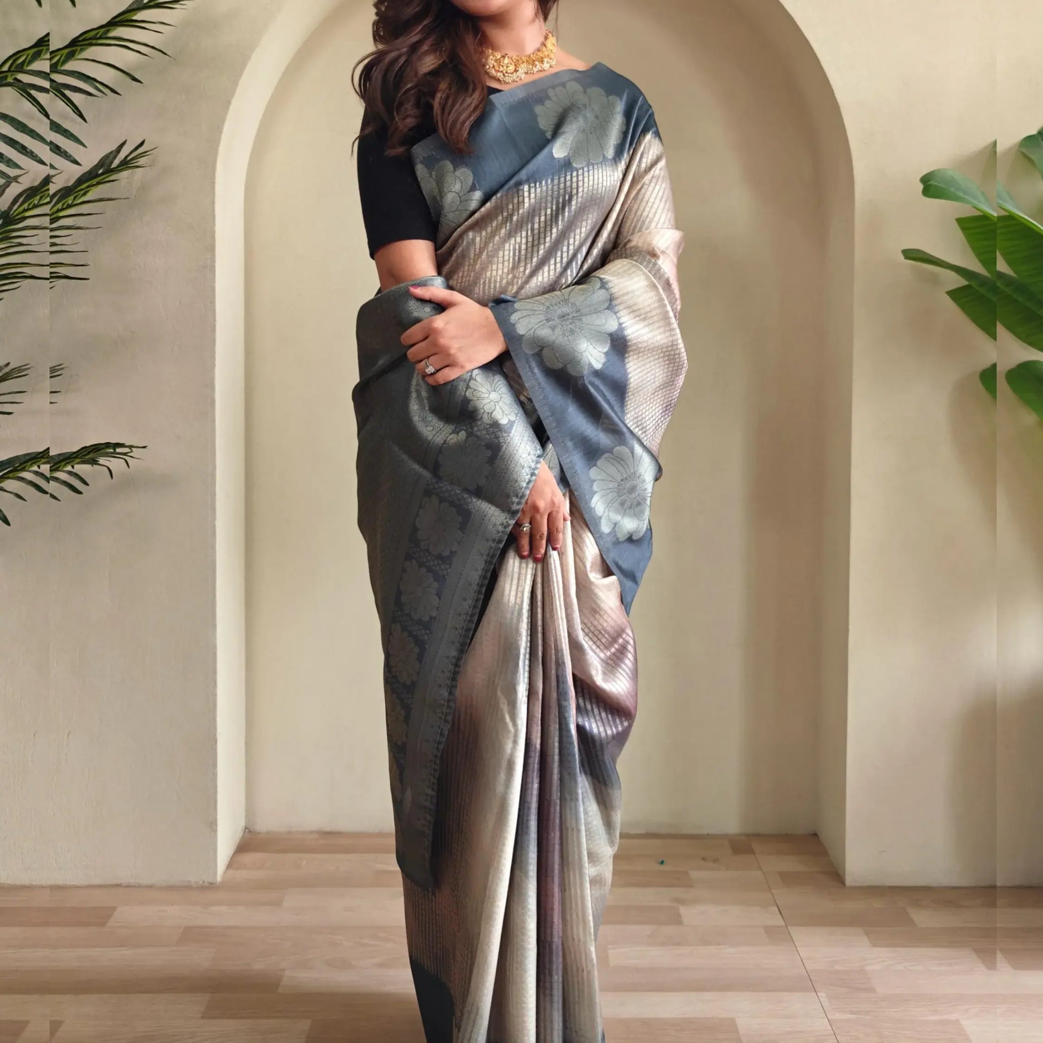Lovely Grey Zari Weaving Silk Event Wear Saree With Blouse - Zeel Clothing