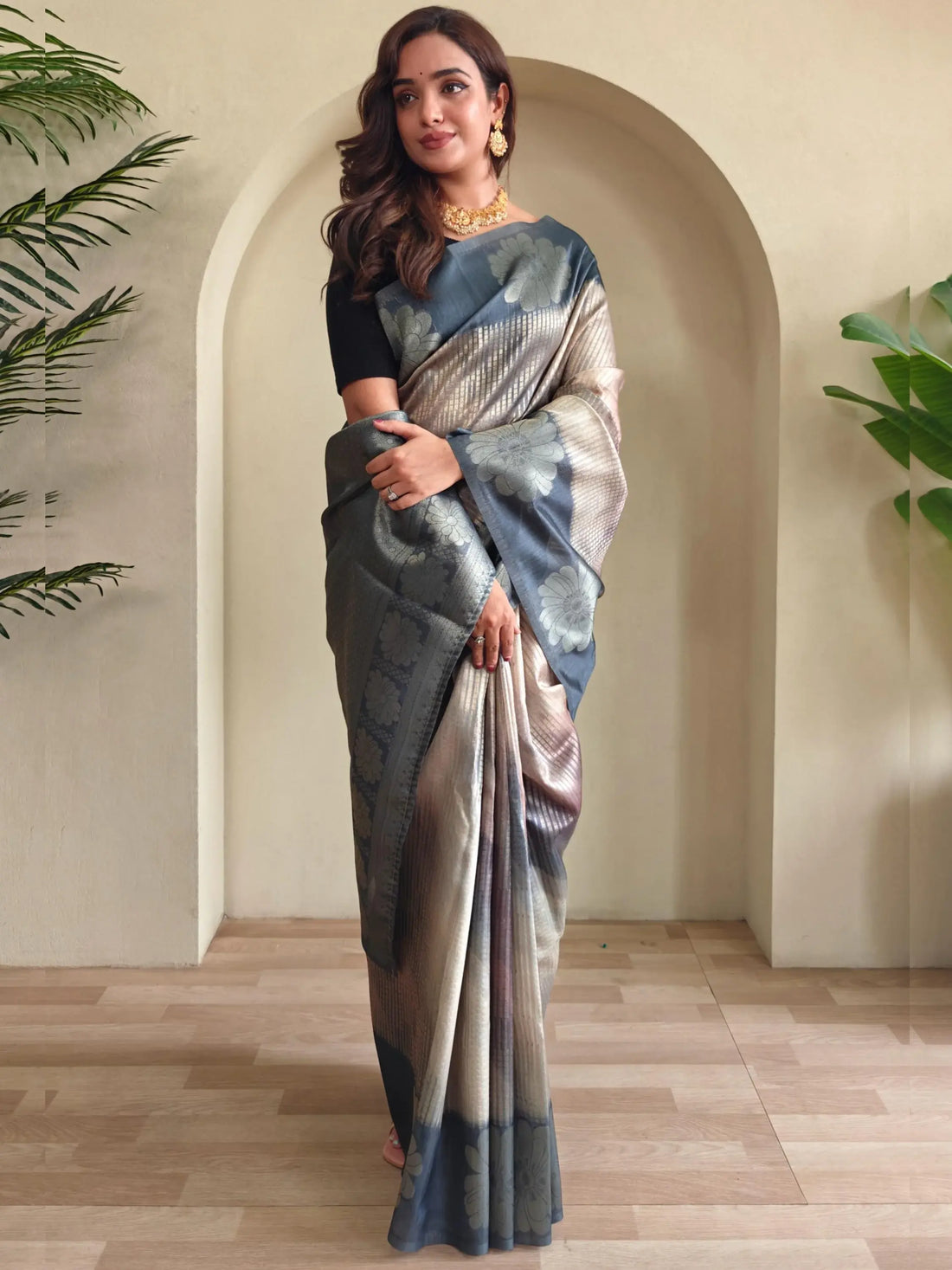 Lovely Grey Zari Weaving Silk Event Wear Saree With Blouse - Zeel Clothing