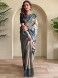 Lovely Grey Zari Weaving Silk Event Wear Saree With Blouse - Zeel Clothing