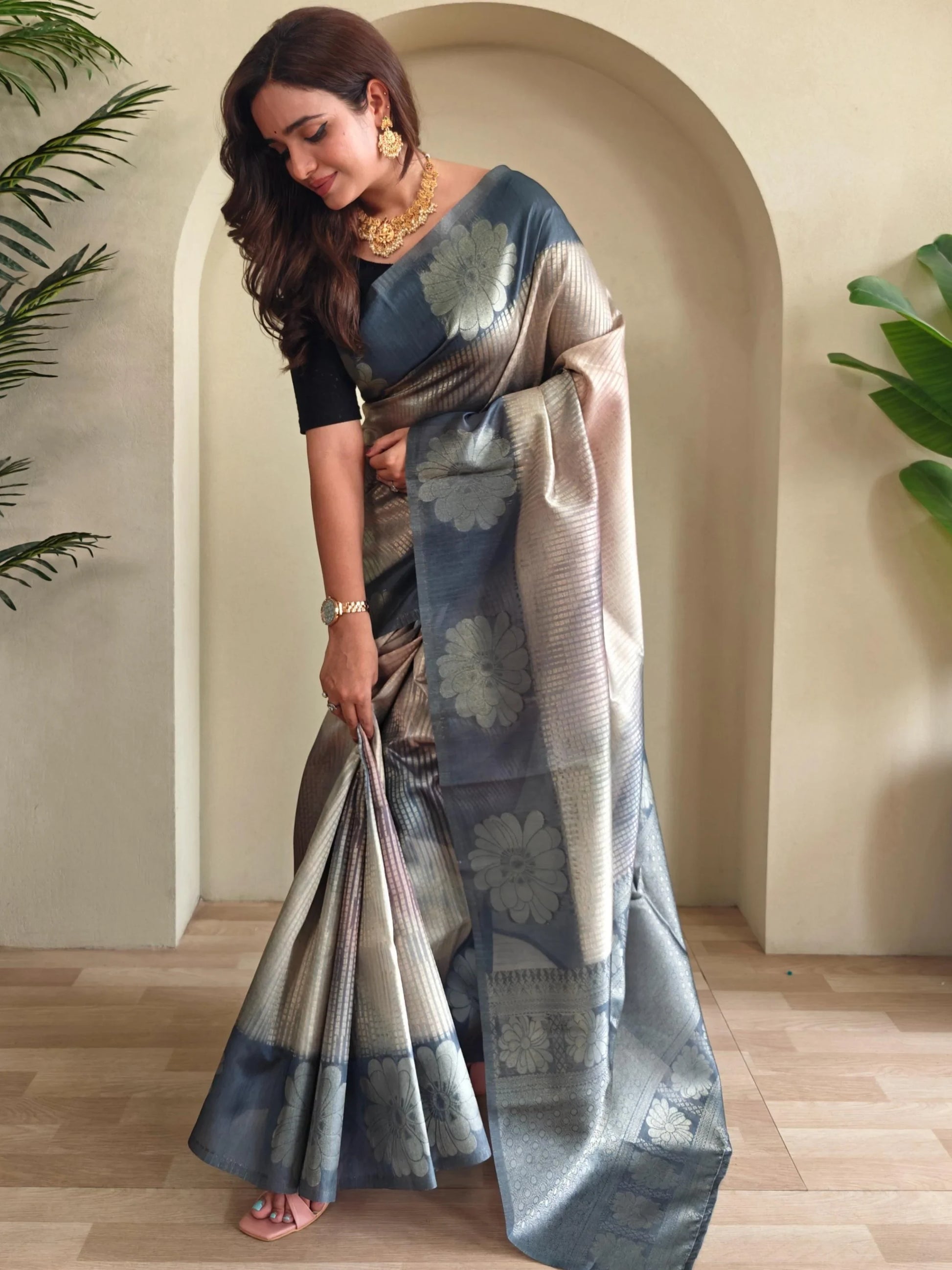 Lovely Grey Zari Weaving Silk Event Wear Saree With Blouse - Zeel Clothing
