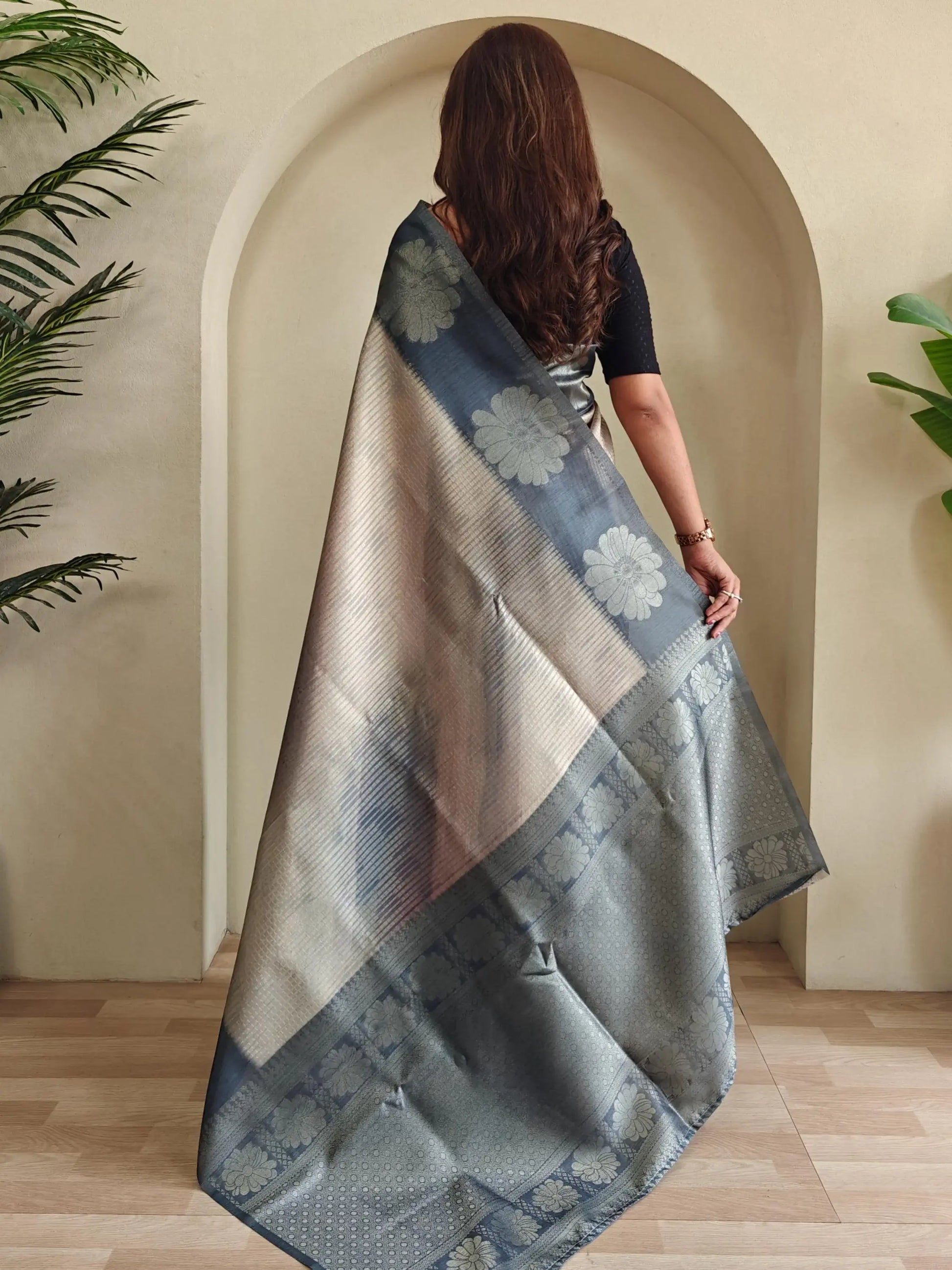 Lovely Grey Zari Weaving Silk Event Wear Saree With Blouse - Zeel Clothing