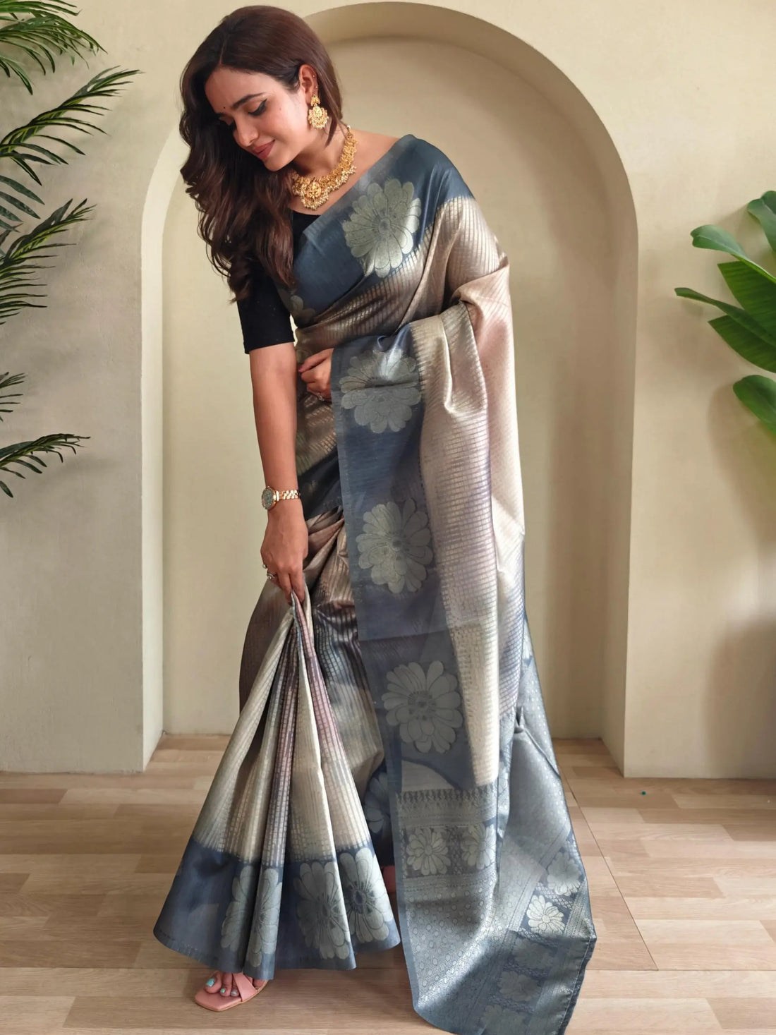 Lovely Grey Zari Weaving Silk Event Wear Saree With Blouse - Zeel Clothing