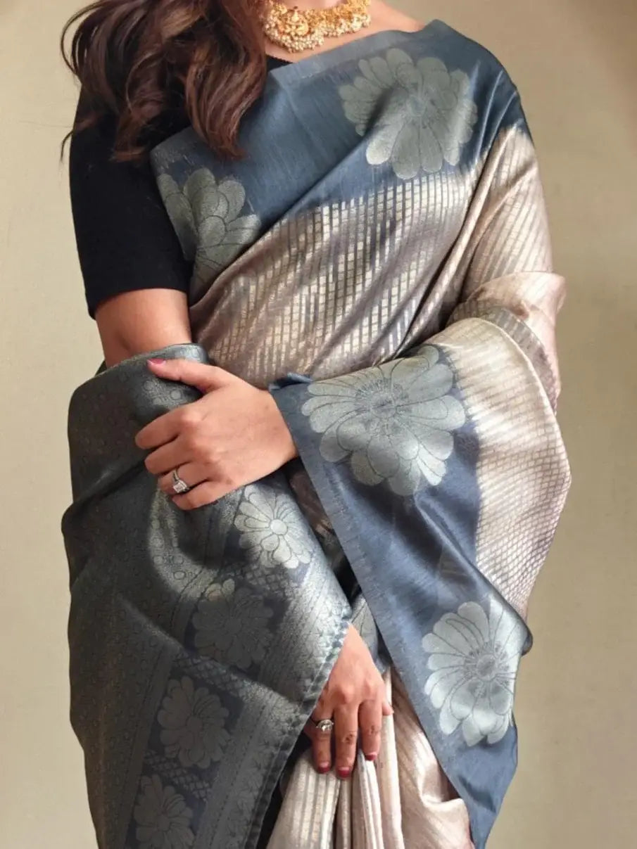 Lovely Grey Zari Weaving Silk Event Wear Saree With Blouse - Zeel Clothing