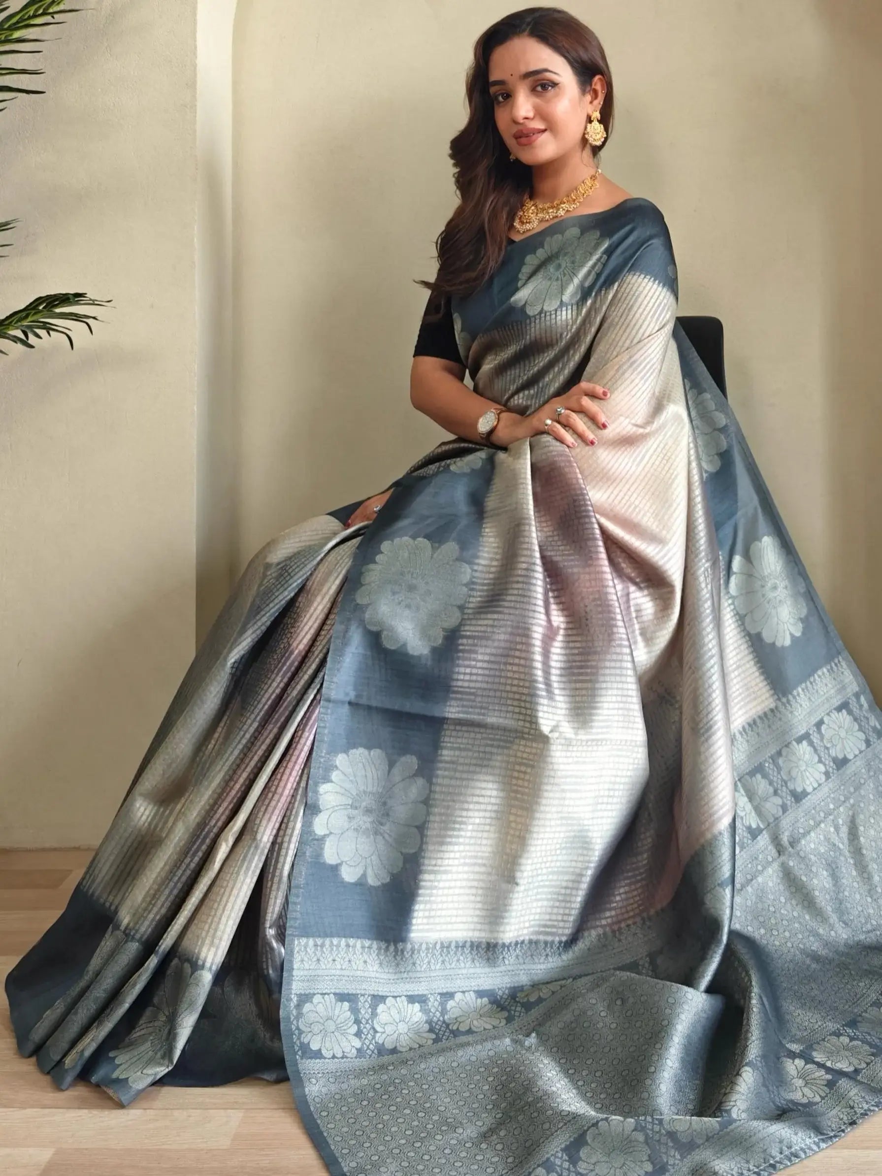 Lovely Grey Zari Weaving Silk Event Wear Saree With Blouse - Zeel Clothing