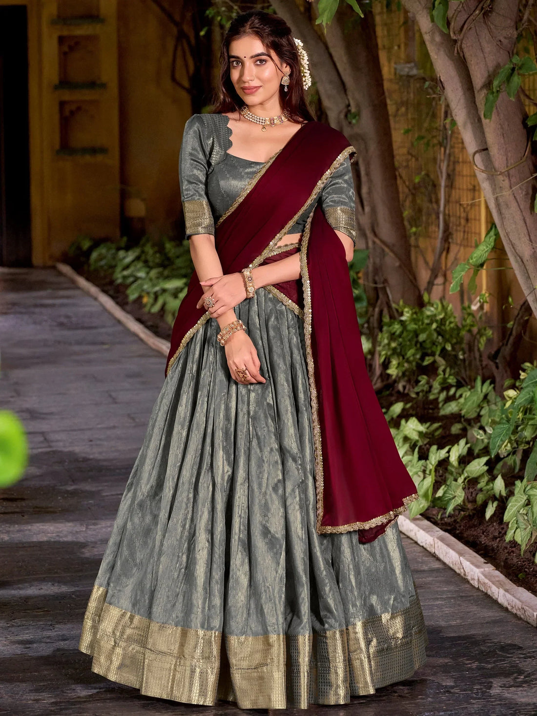 Lovely Grey Zari Weaving Work Silk Evening Wear Half Saree Lehenga
