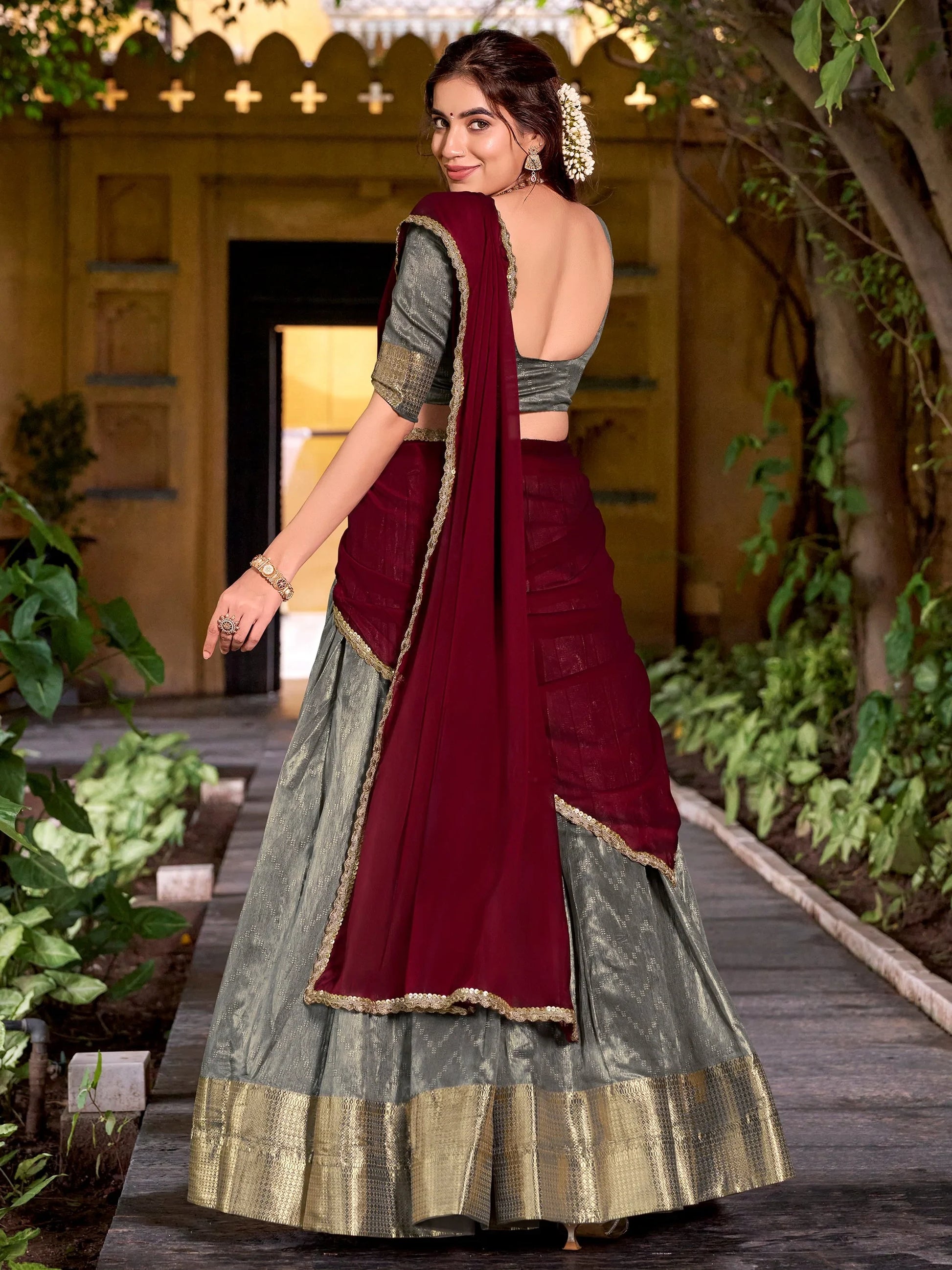 Lovely Grey Zari Weaving Work Silk Evening Wear Half Saree Lehenga