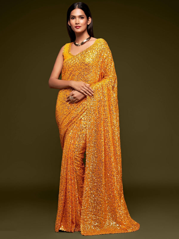 Lovely Honey Yellow Sequined Georgette Party Wear Saree - Zeel Clothing