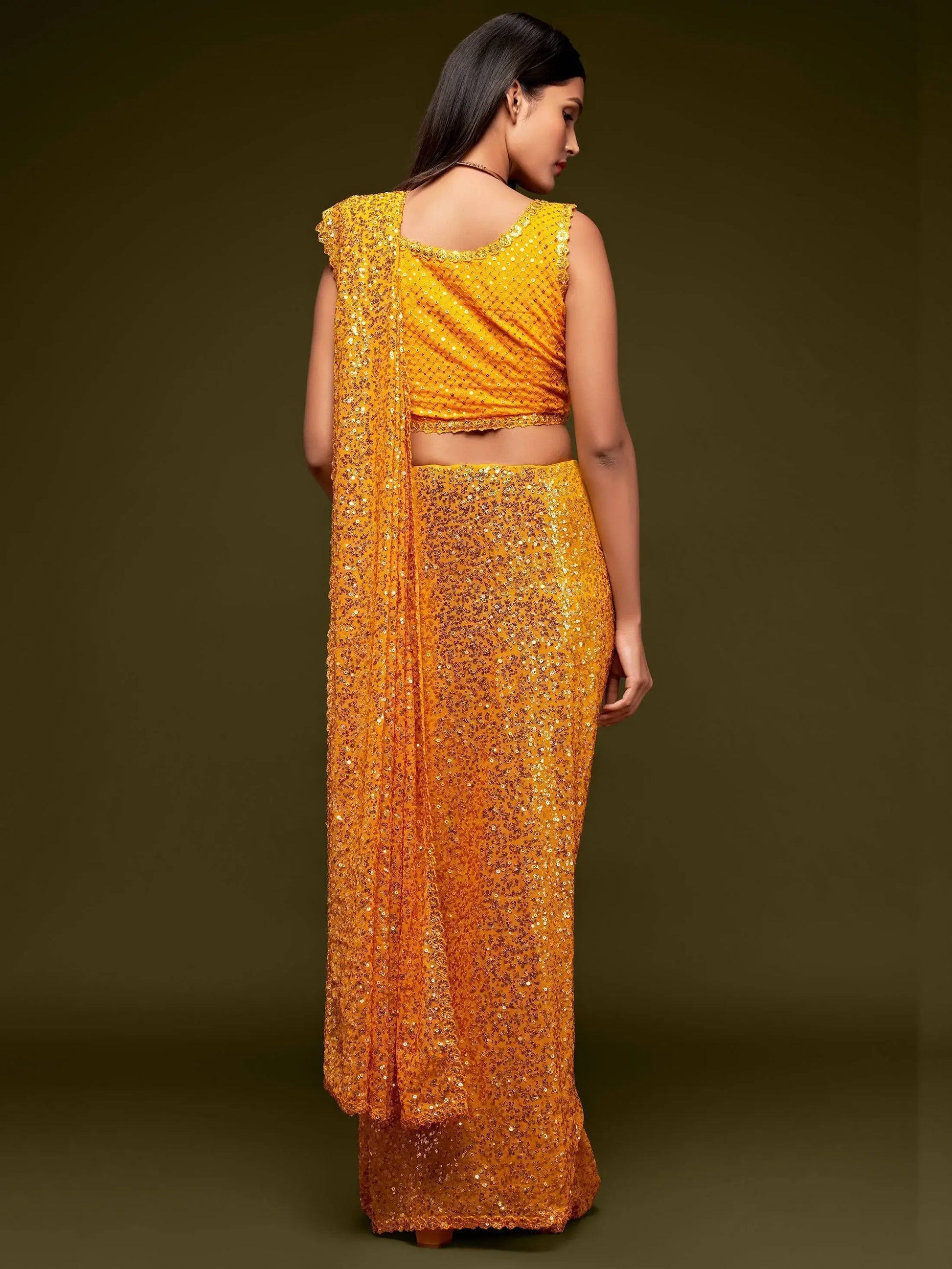 Lovely Honey Yellow Sequined Georgette Party Wear Saree - Zeel Clothing