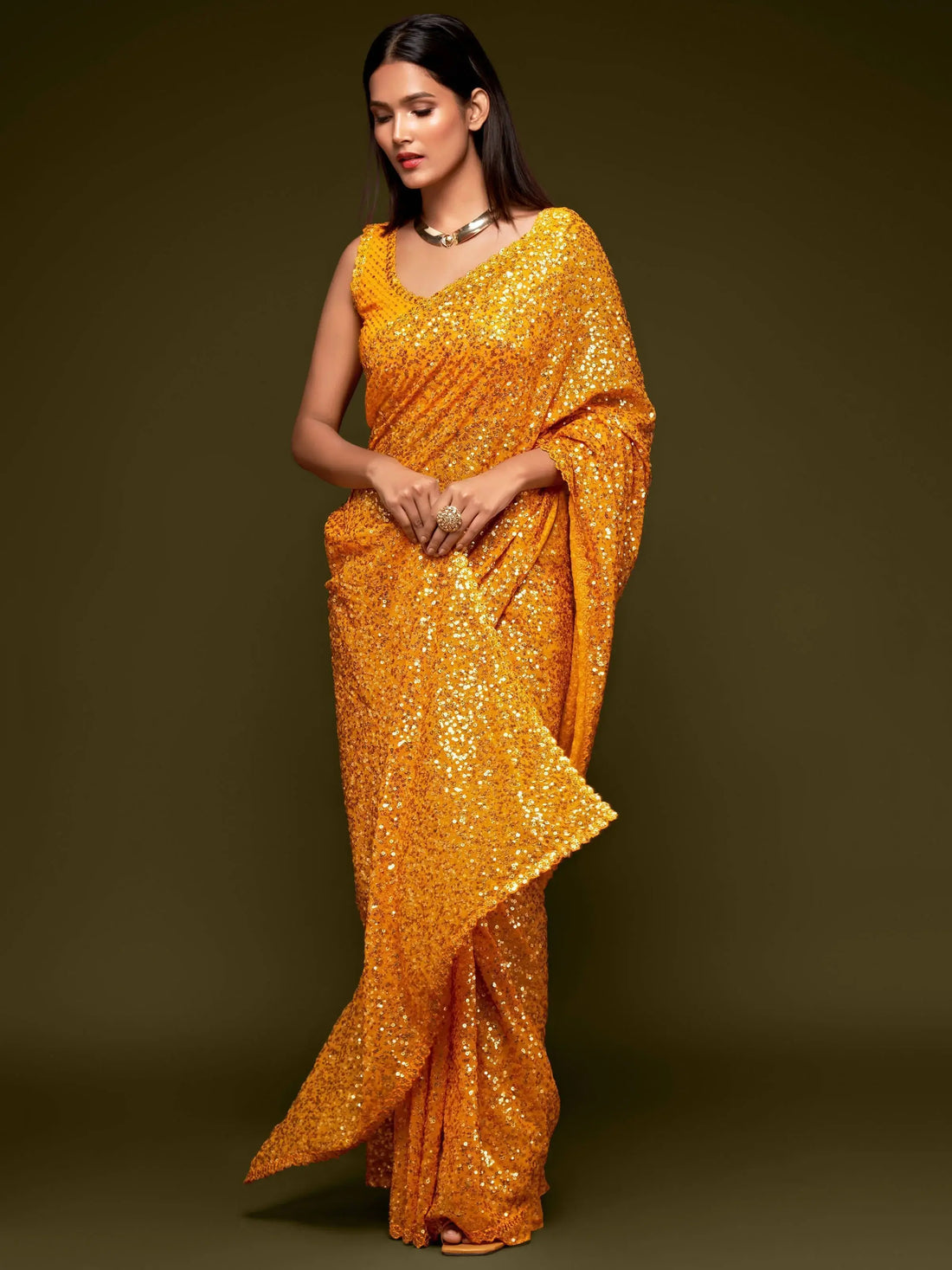 Lovely Honey Yellow Sequined Georgette Party Wear Saree - Zeel Clothing