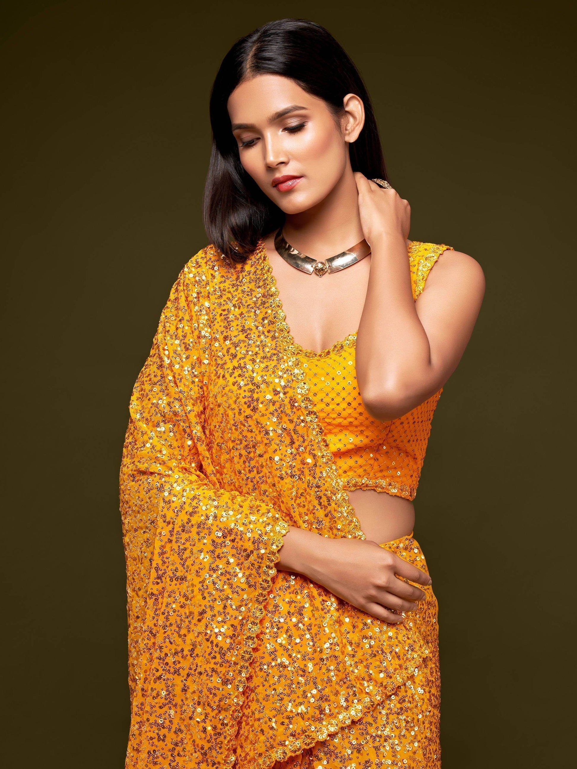 Lovely Honey Yellow Sequined Georgette Party Wear Saree - Zeel Clothing
