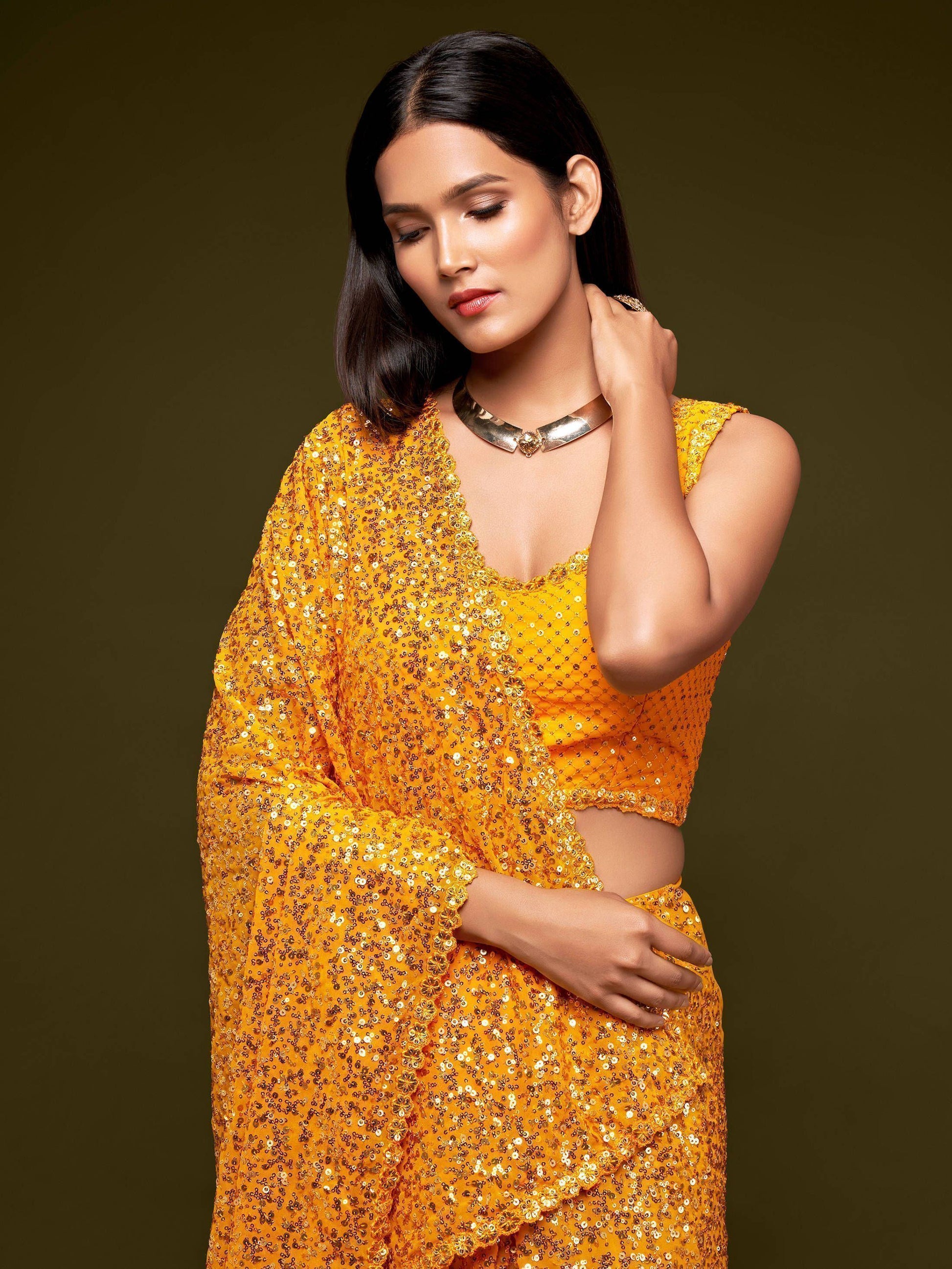 Lovely Honey Yellow Sequined Georgette Party Wear Saree - Zeel Clothing