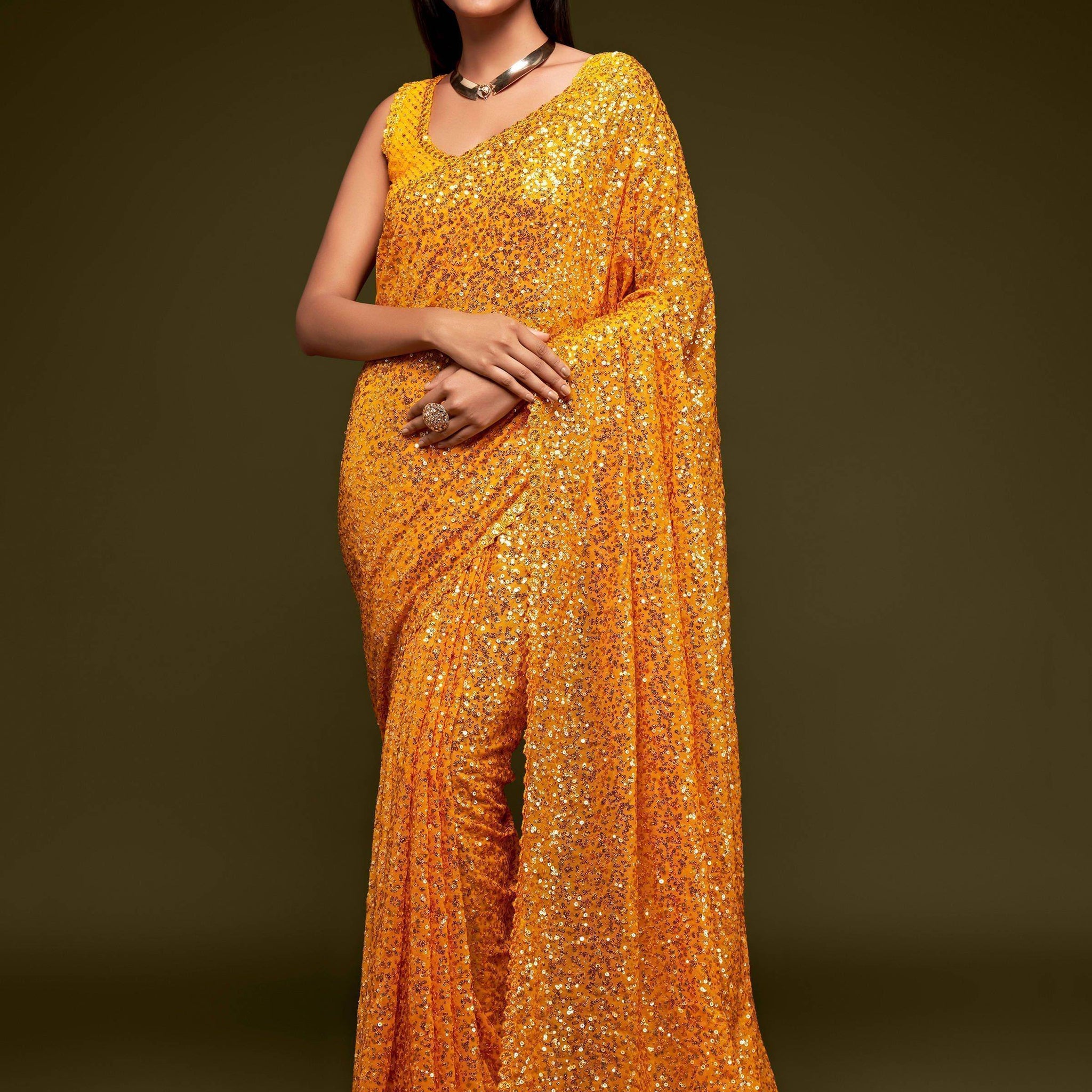Lovely Honey Yellow Sequined Georgette Party Wear Saree - Zeel Clothing