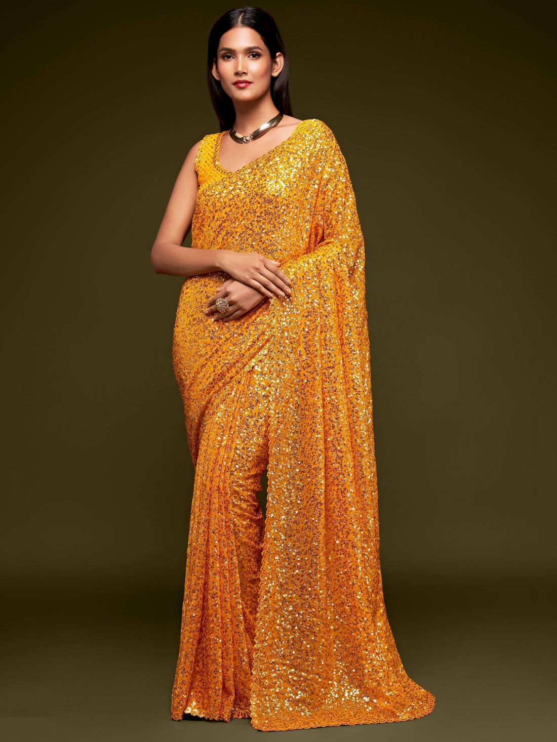 Lovely Honey Yellow Sequined Georgette Party Wear Saree - Zeel Clothing