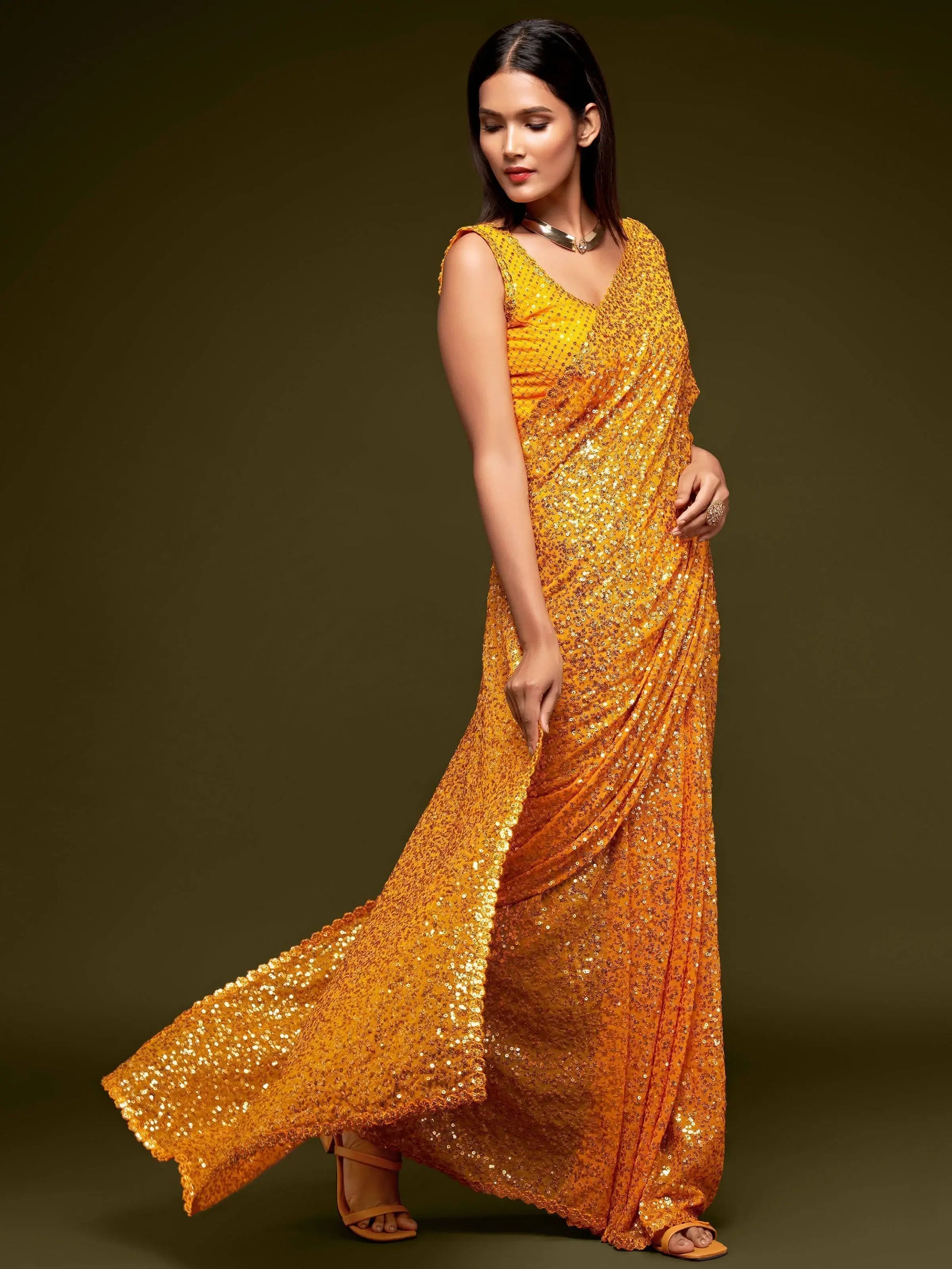 Lovely Honey Yellow Sequined Georgette Party Wear Saree - Zeel Clothing