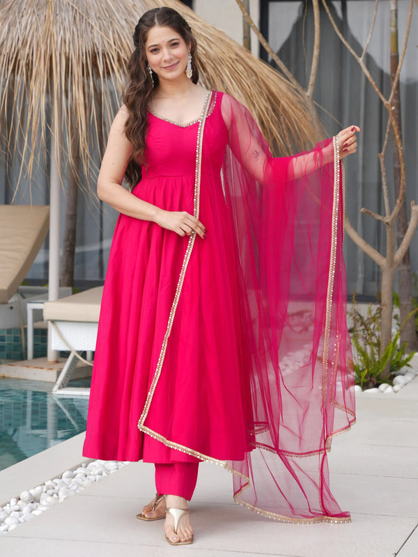 Lovely Hot Pink Chanderi Silk Anarkali Suit With Lace Work Dupatta - Zeel Clothing