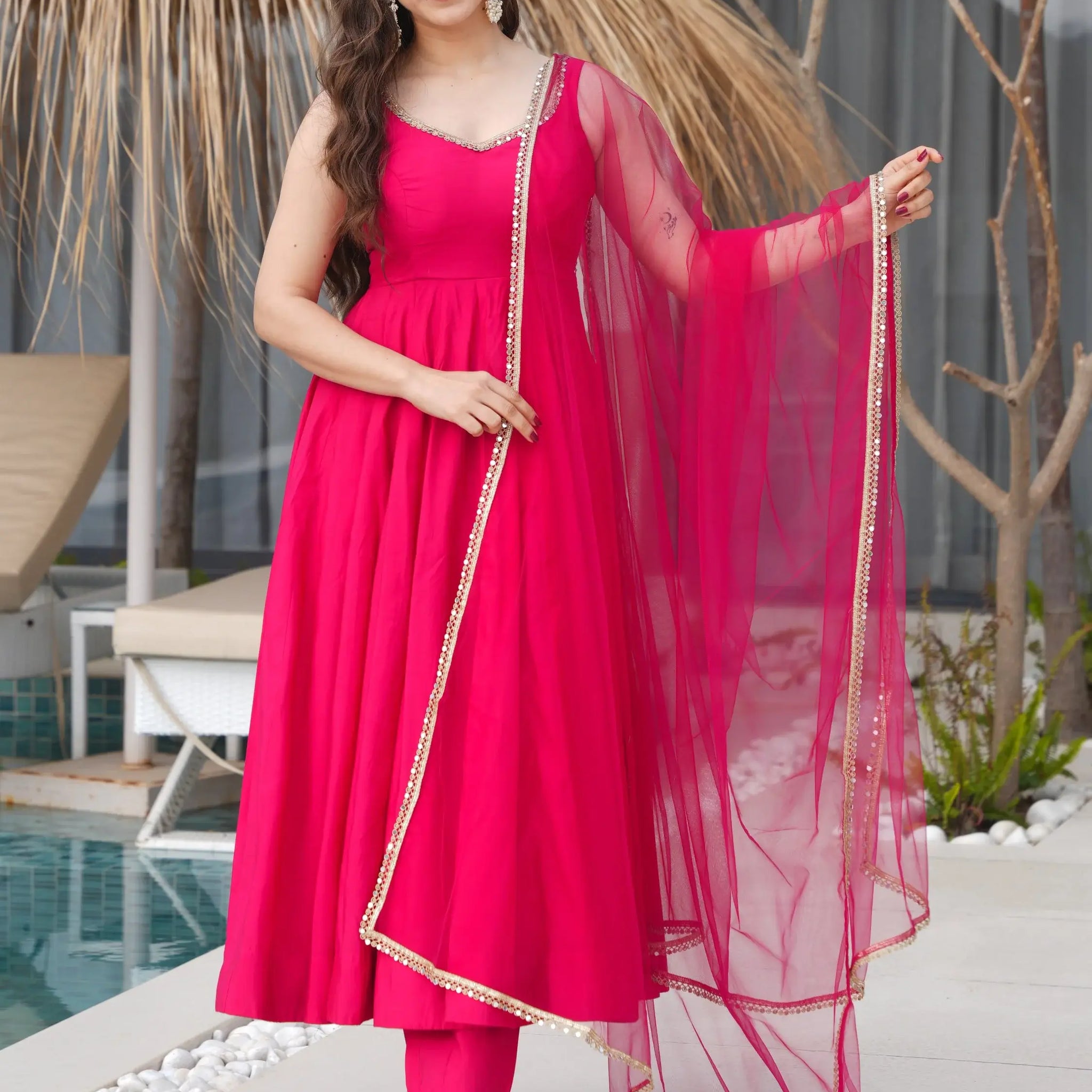 Lovely Hot Pink Chanderi Silk Anarkali Suit With Lace Work Dupatta - Zeel Clothing